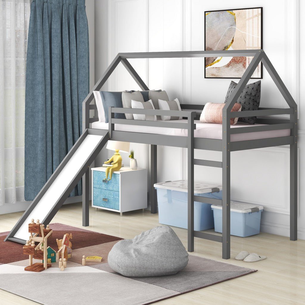 Gray-Twin-Size-Slide-House-Loft-Bed-Beds-&-Bed-Frames