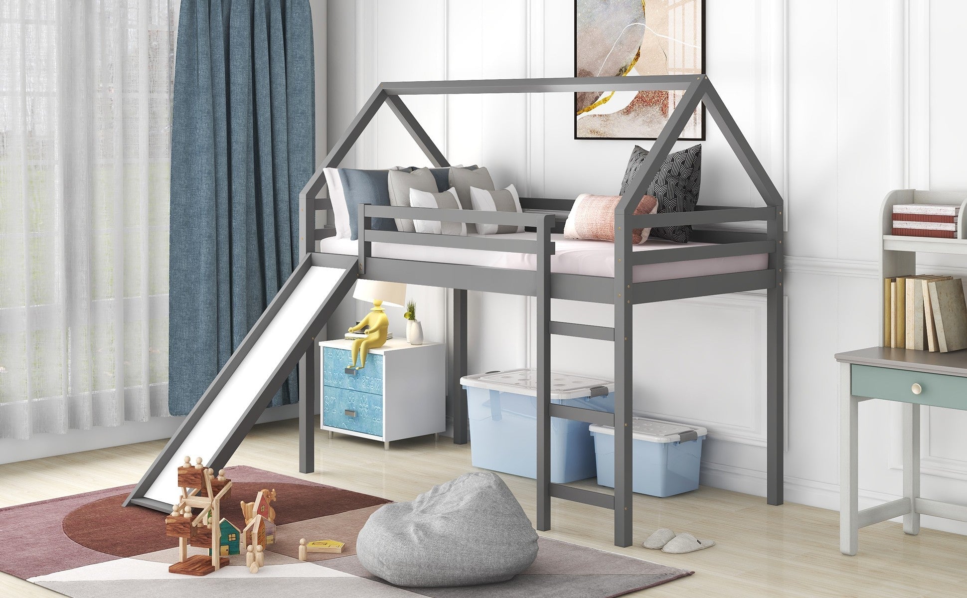 Gray Twin Size Slide House Loft Bed - Tuesday Morning-Loft Beds