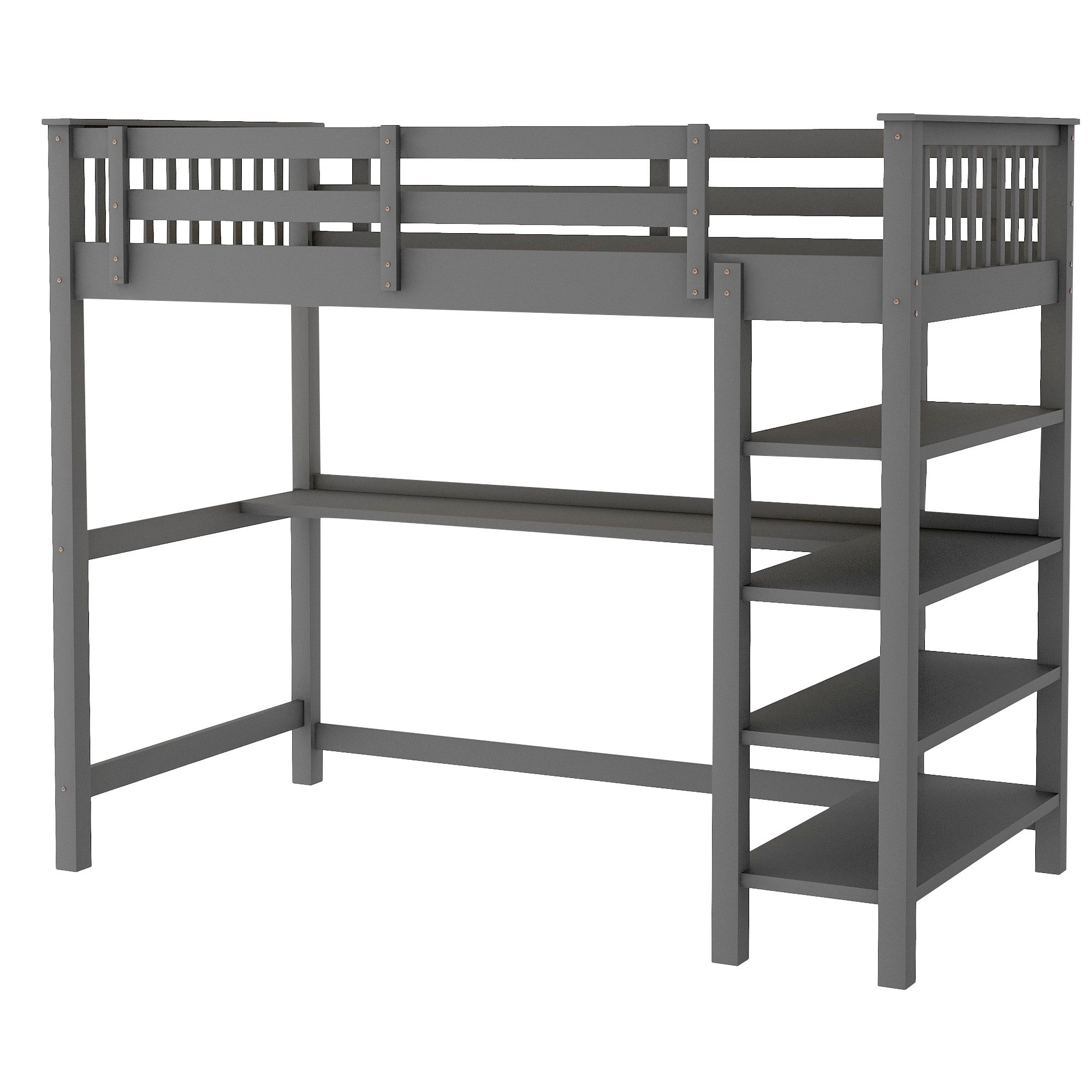 Gray Twin Size Wood Loft Bed with Storage Shelves and Desk - Tuesday Morning-Loft Beds