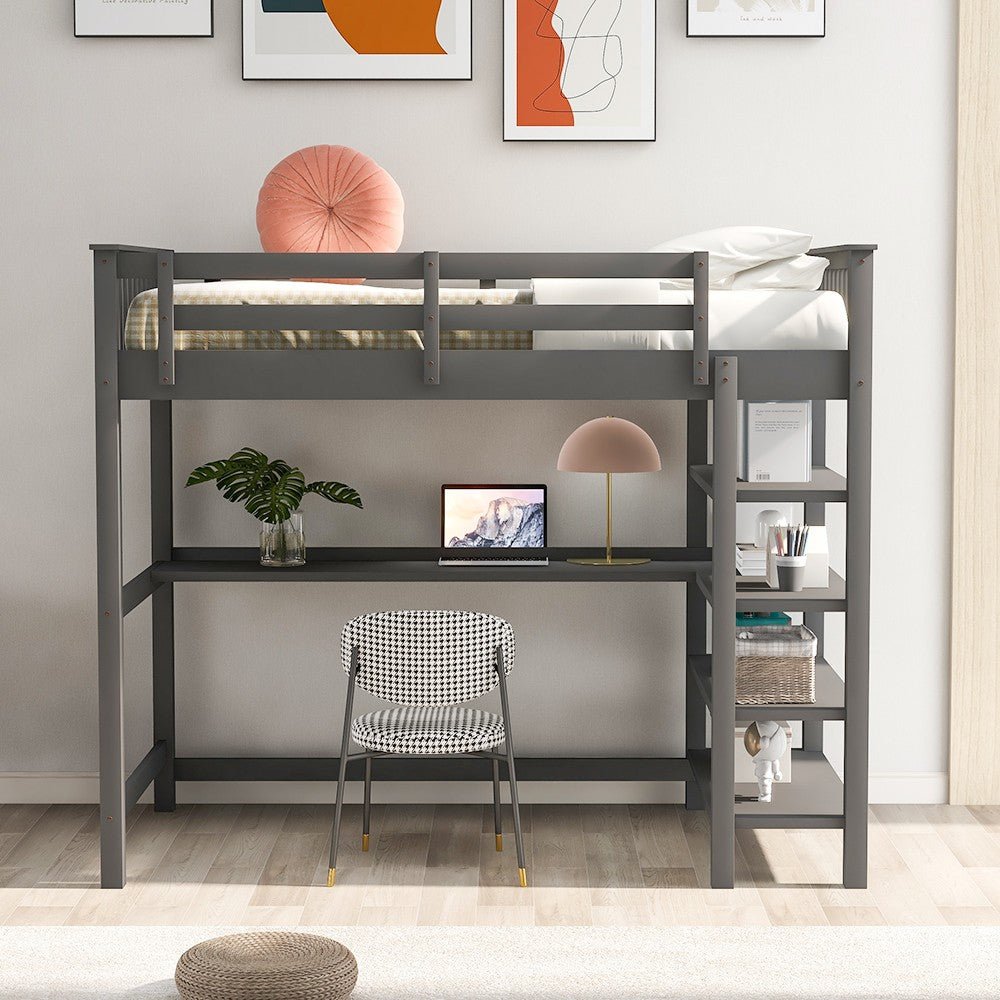 Gray Twin Size Wood Loft Bed with Storage Shelves and Desk - Tuesday Morning-Loft Beds
