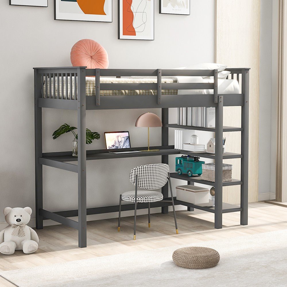Gray-Twin-Size-Wood-Loft-Bed-with-Storage-Shelves-and-Desk-Beds-&-Bed-Frames