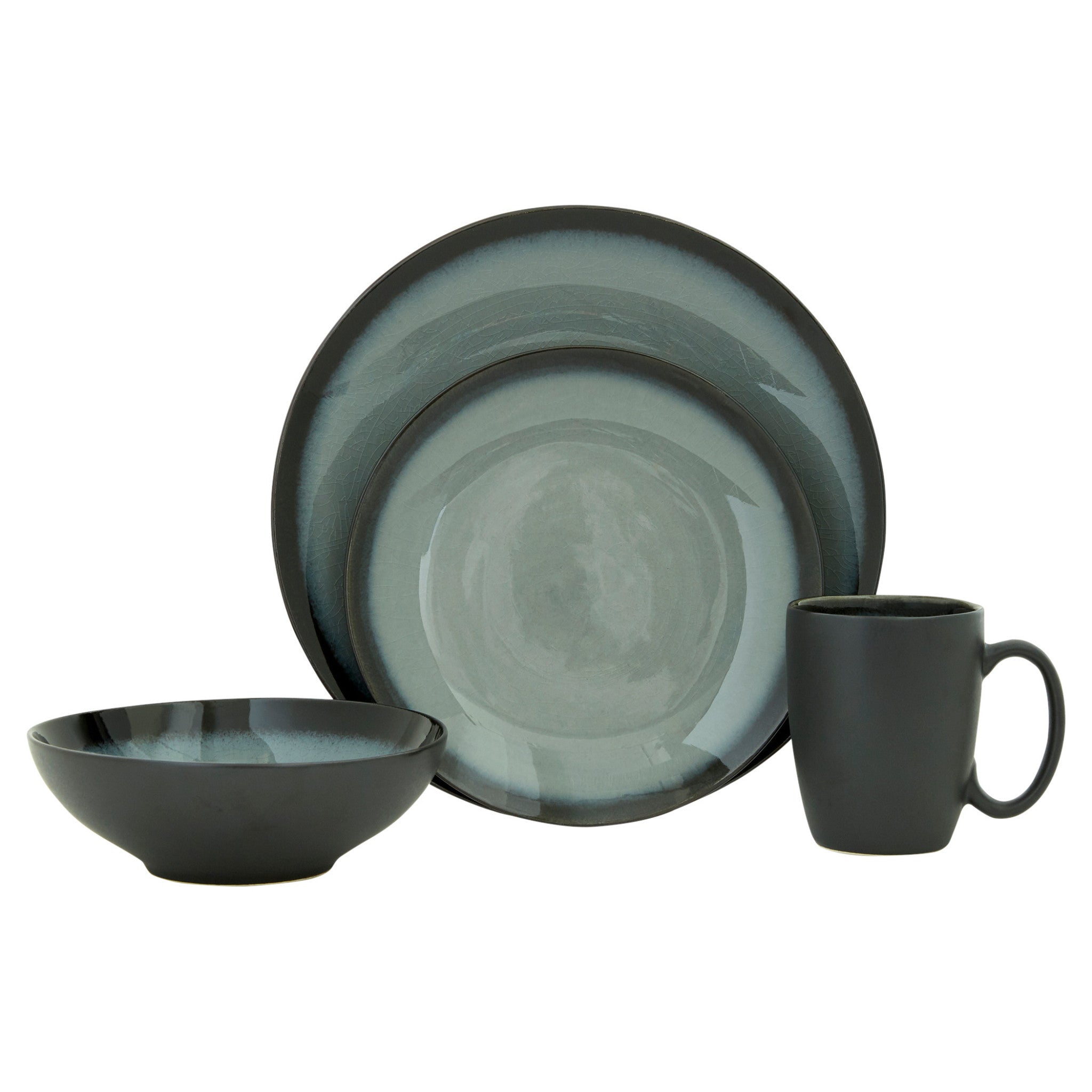 Green-and-Black-Sixteen-Piece-Round-Tone-on-Tone-Ceramic-Service-For-Four-Dinnerware-Set-Dinnerware-Sets