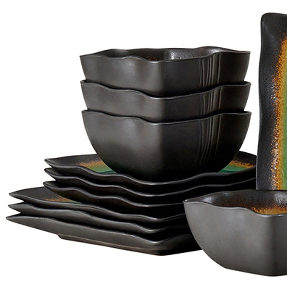 Green and Black Sixteen Piece Square Abstract Ceramic Service For Four Dinnerware Set - Tuesday Morning-Dinnerware