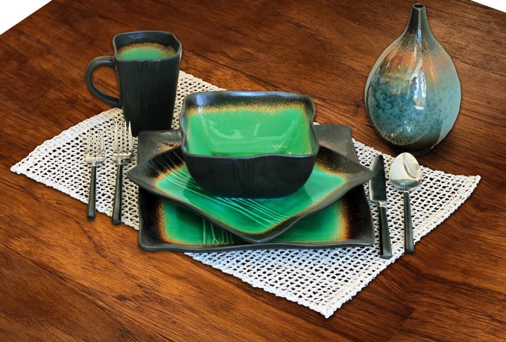 Green-and-Black-Sixteen-Piece-Square-Abstract-Ceramic-Service-For-Four-Dinnerware-Set-Dinnerware-Sets