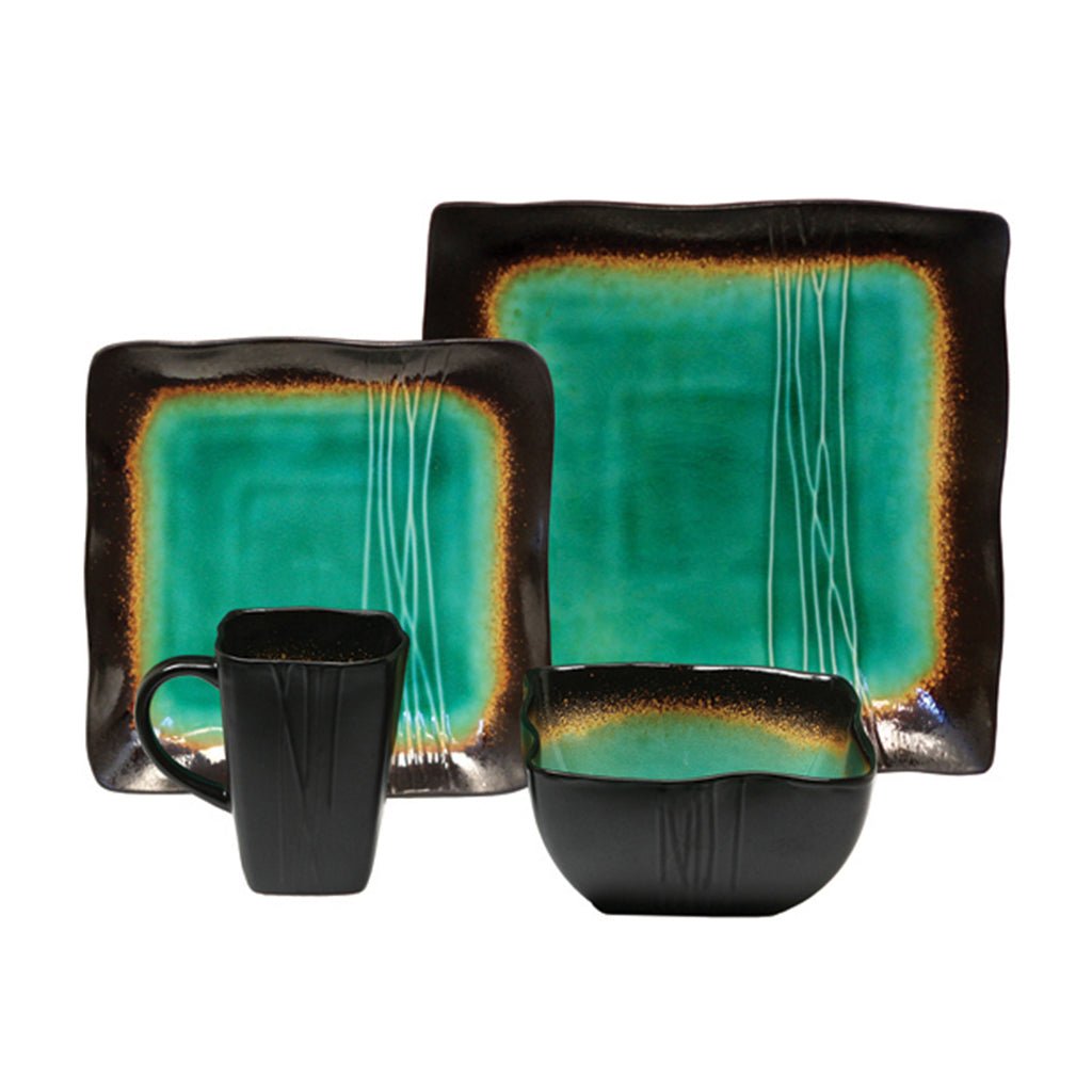 Green and Black Sixteen Piece Square Abstract Ceramic Service For Four Dinnerware Set - Tuesday Morning-Dinnerware