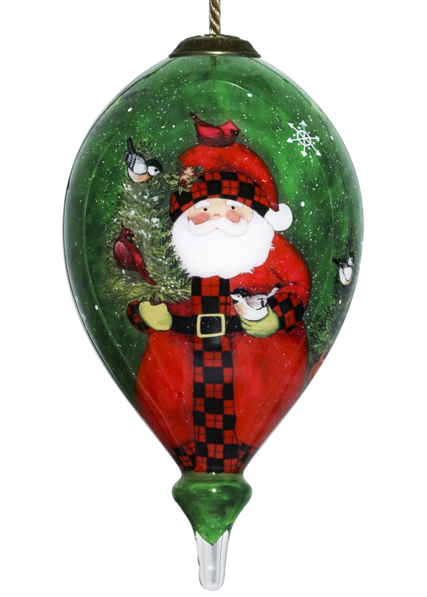 Green Plaid Santa Hand Painted Mouth Blown Glass Ornament - Tuesday Morning-Christmas Ornaments