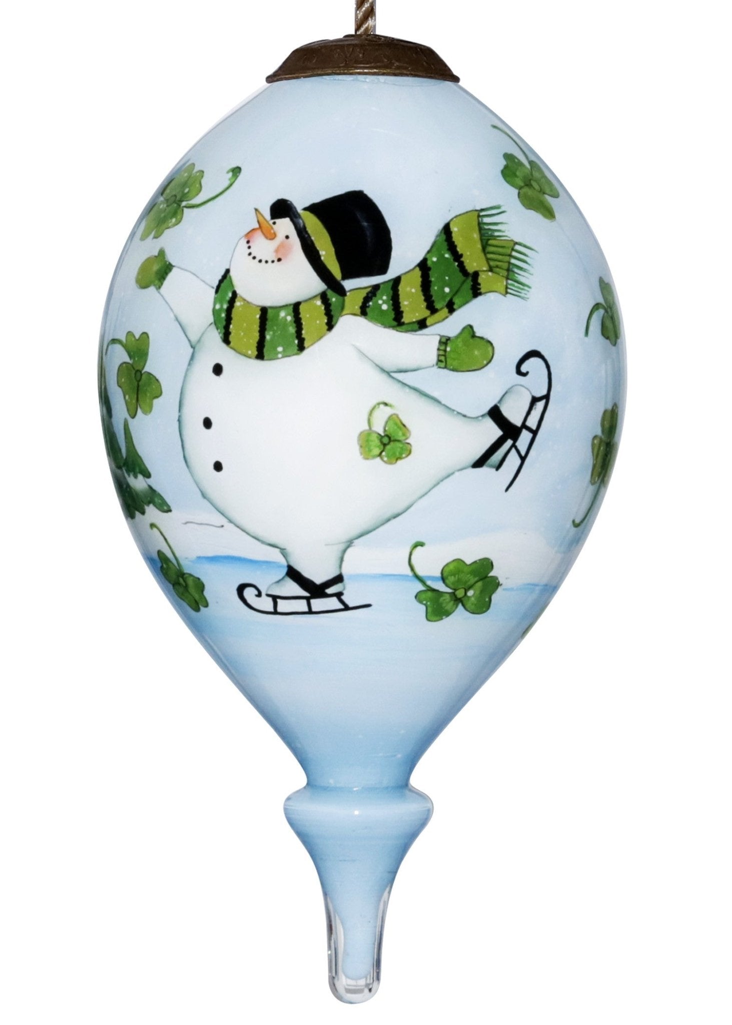 Ice Skating Shamrock Snowman Hand Painted Mouth Blown Glass Ornament - Tuesday Morning-Christmas Ornaments
