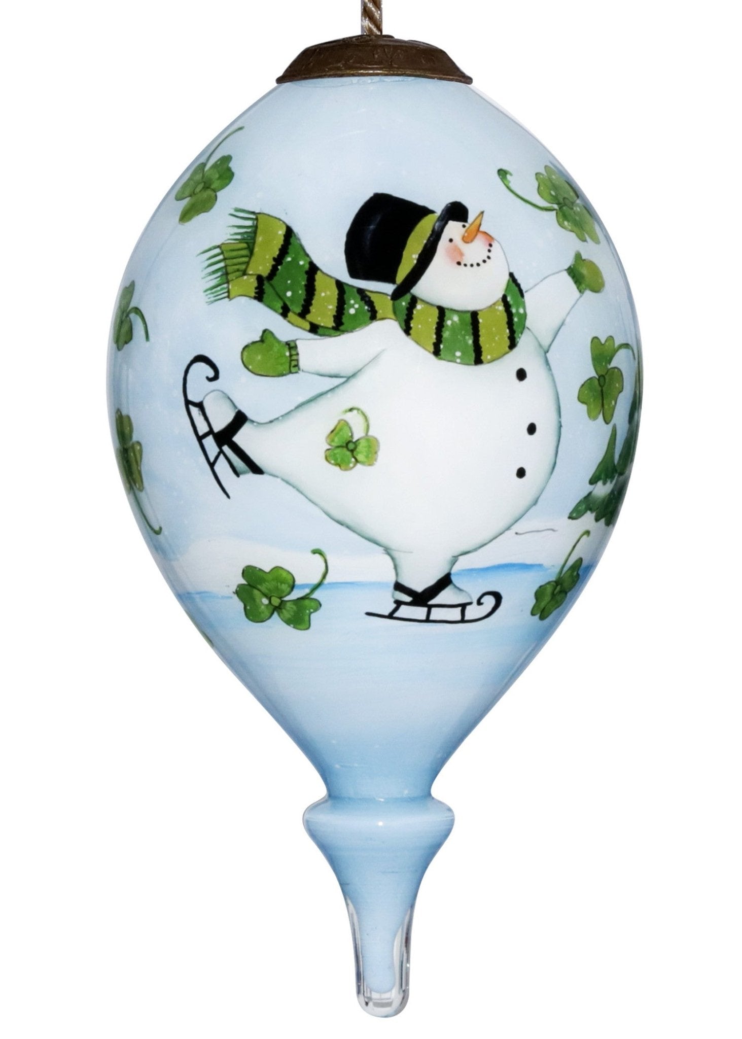 Ice Skating Shamrock Snowman Hand Painted Mouth Blown Glass Ornament - Tuesday Morning-Christmas Ornaments