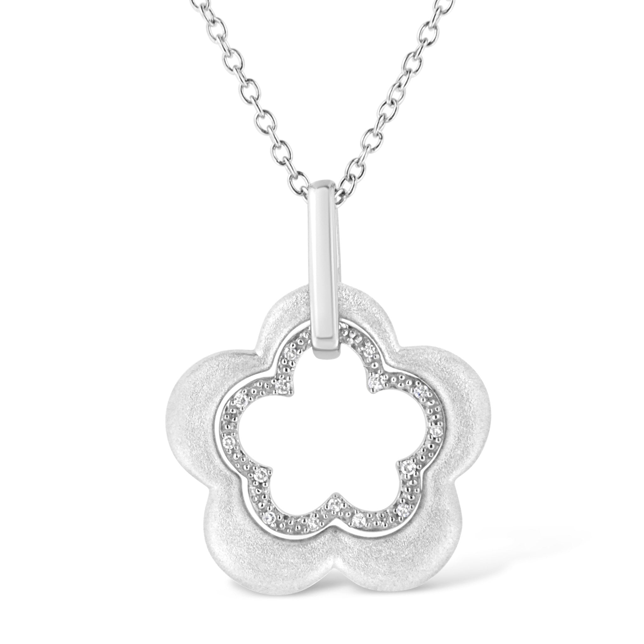 Matte Finished .925 Sterling Silver Diamond Accent Double Flower Shape 18" Satin Finished Pendant Necklace (I-J Color, I1-I2 Clarity) - Tuesday Morning-Pendant Necklace