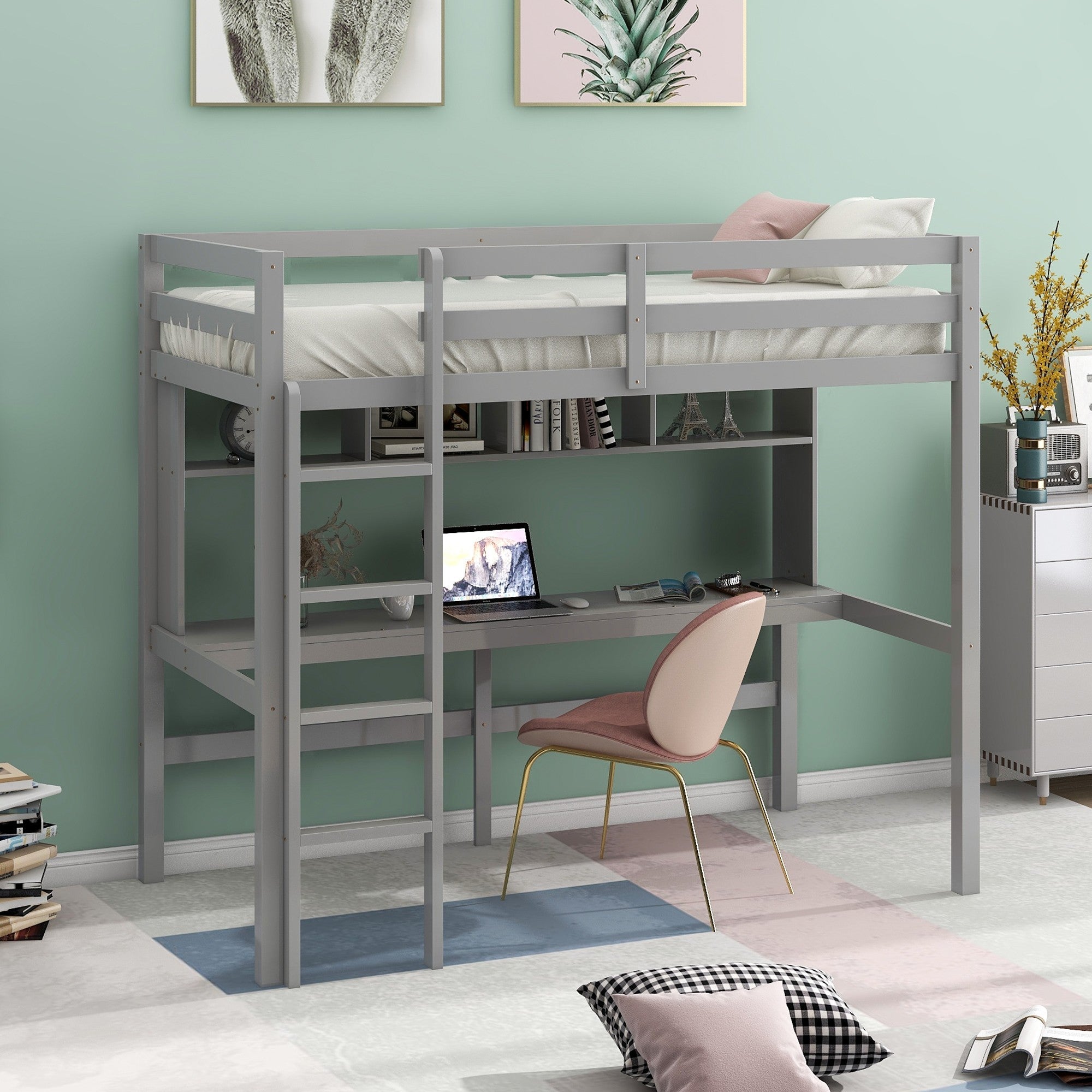 Minimalist-Gray-Twin-Size-Loft-Bed-with-Built-In-Desk-and-Shelf-Beds-&-Bed-Frames
