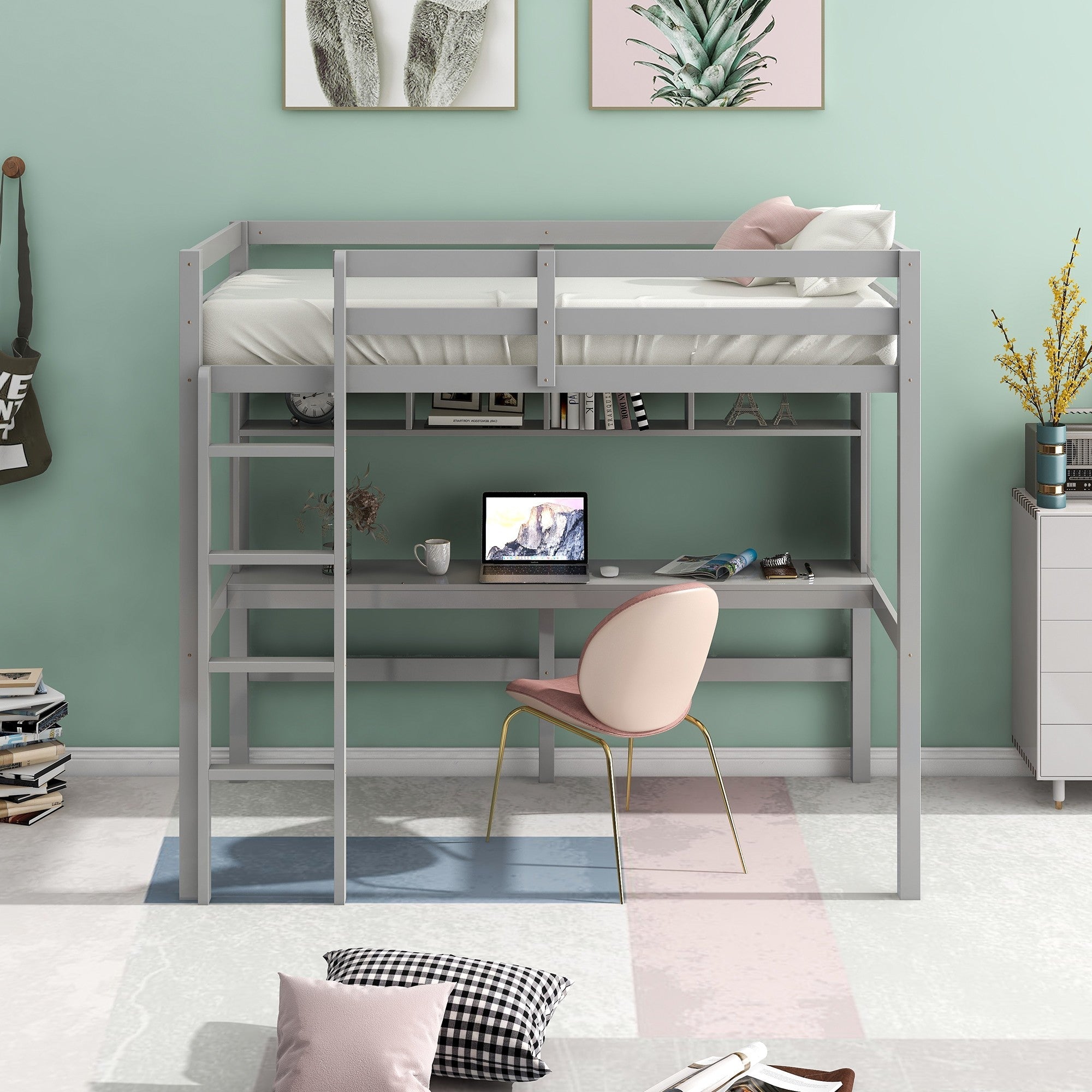 Minimalist Gray Twin Size Loft Bed with Built In Desk and Shelf - Tuesday Morning-Loft Beds