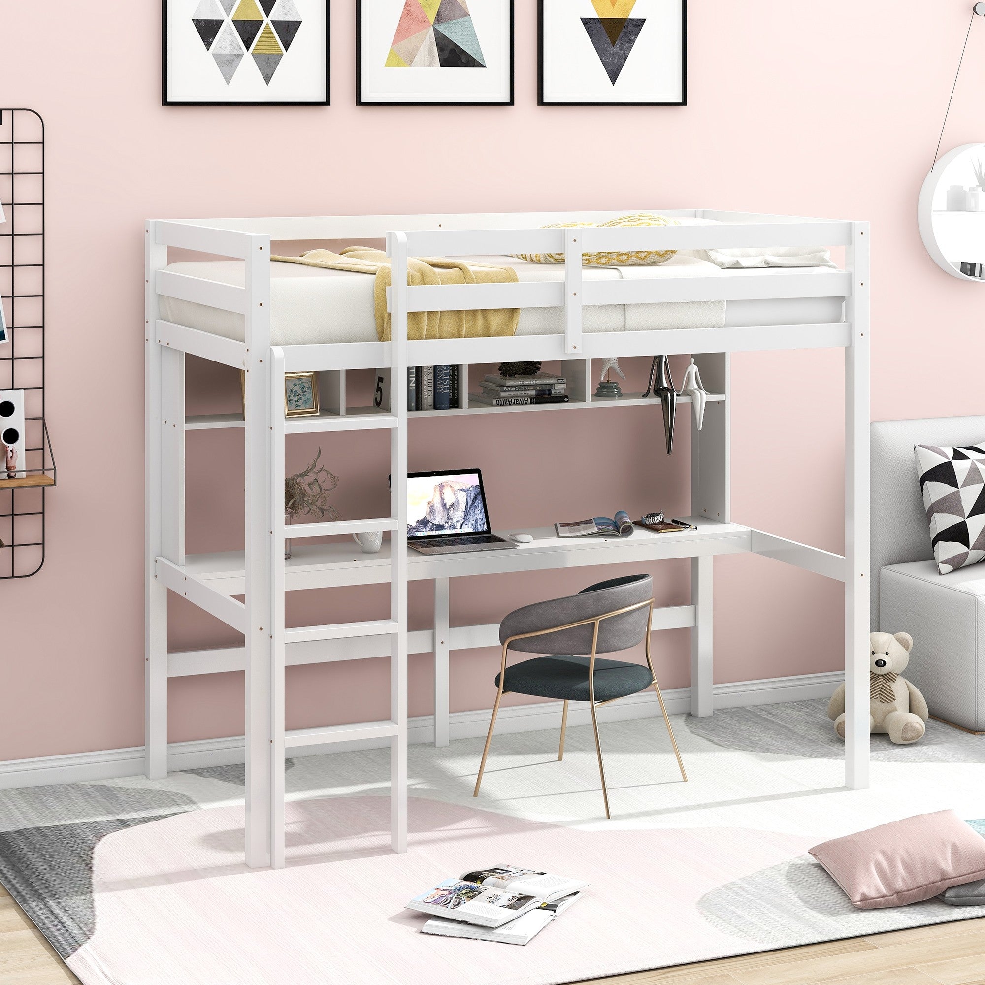 Minimalist-White-Twin-Size-Loft-Bed-with-Built-In-Desk-and-Shelf-Beds-&-Bed-Frames