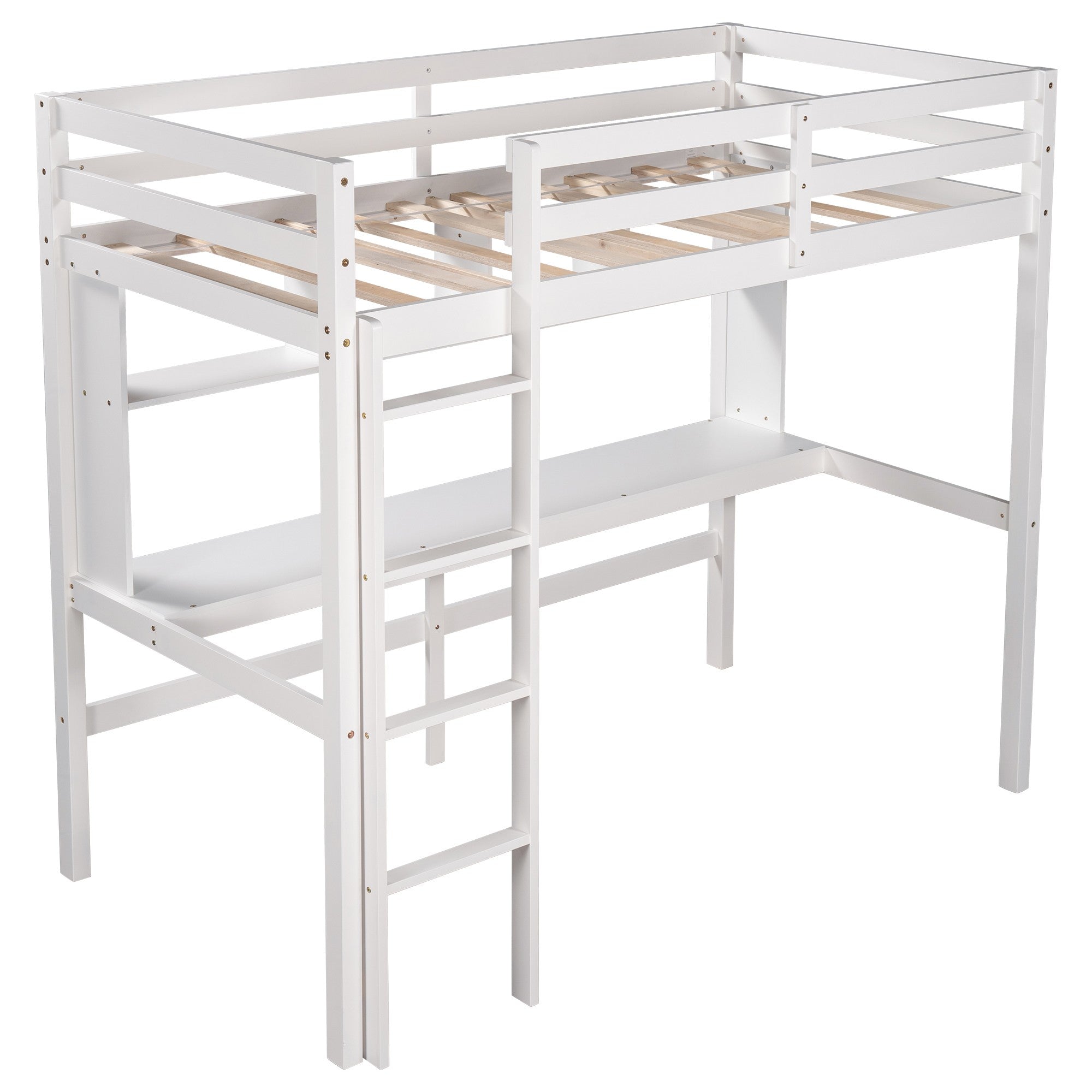 Minimalist White Twin Size Loft Bed with Built In Desk and Shelf - Tuesday Morning-Loft Beds