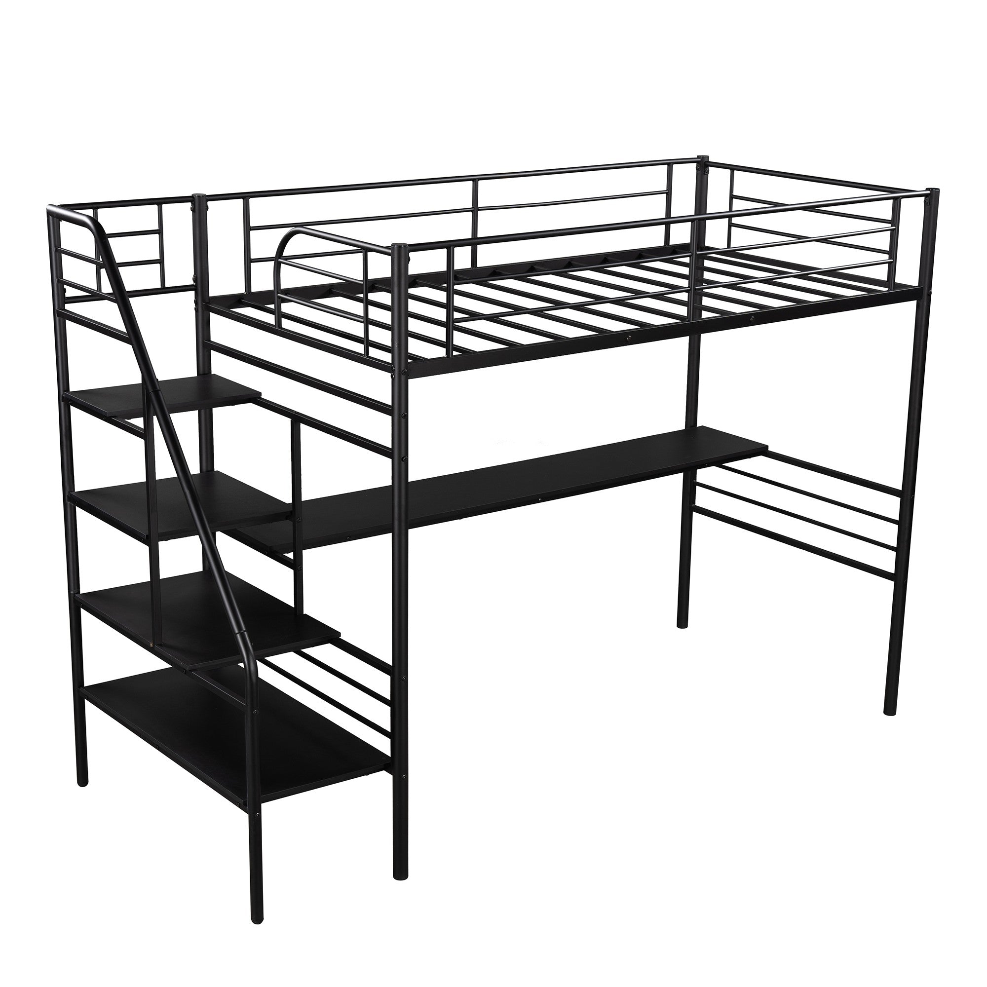 Mod Black Twin Size Metal Loft Bed with Desk and Stairs - Tuesday Morning-Loft Beds