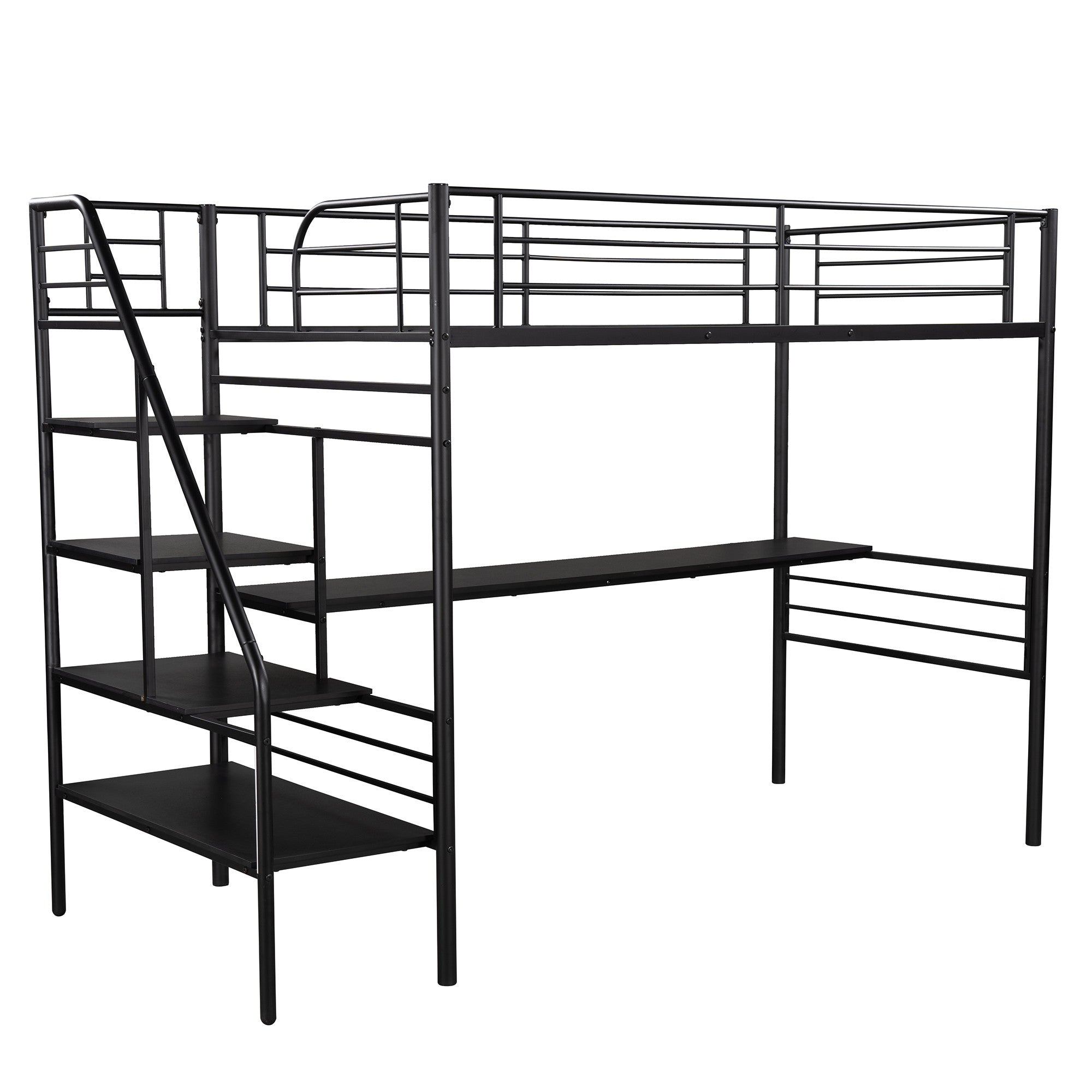 Mod Black Twin Size Metal Loft Bed with Desk and Stairs - Tuesday Morning-Loft Beds