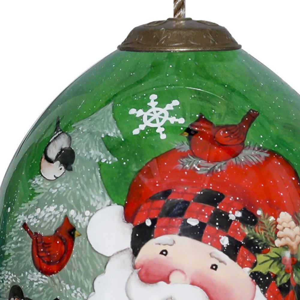 Plaid Santa with Cardinals Hand Painted Mouth Blown Glass Ornament - Tuesday Morning-Christmas Ornaments