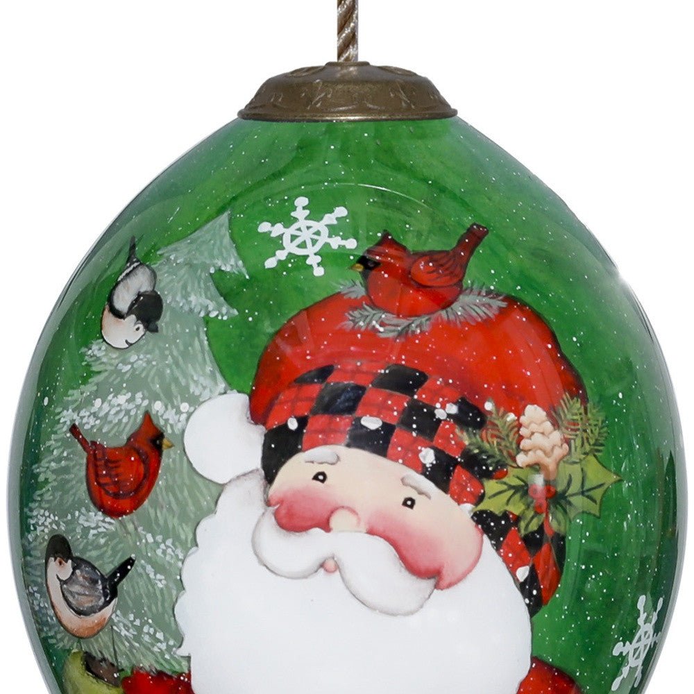 Plaid Santa with Cardinals Hand Painted Mouth Blown Glass Ornament - Tuesday Morning-Christmas Ornaments