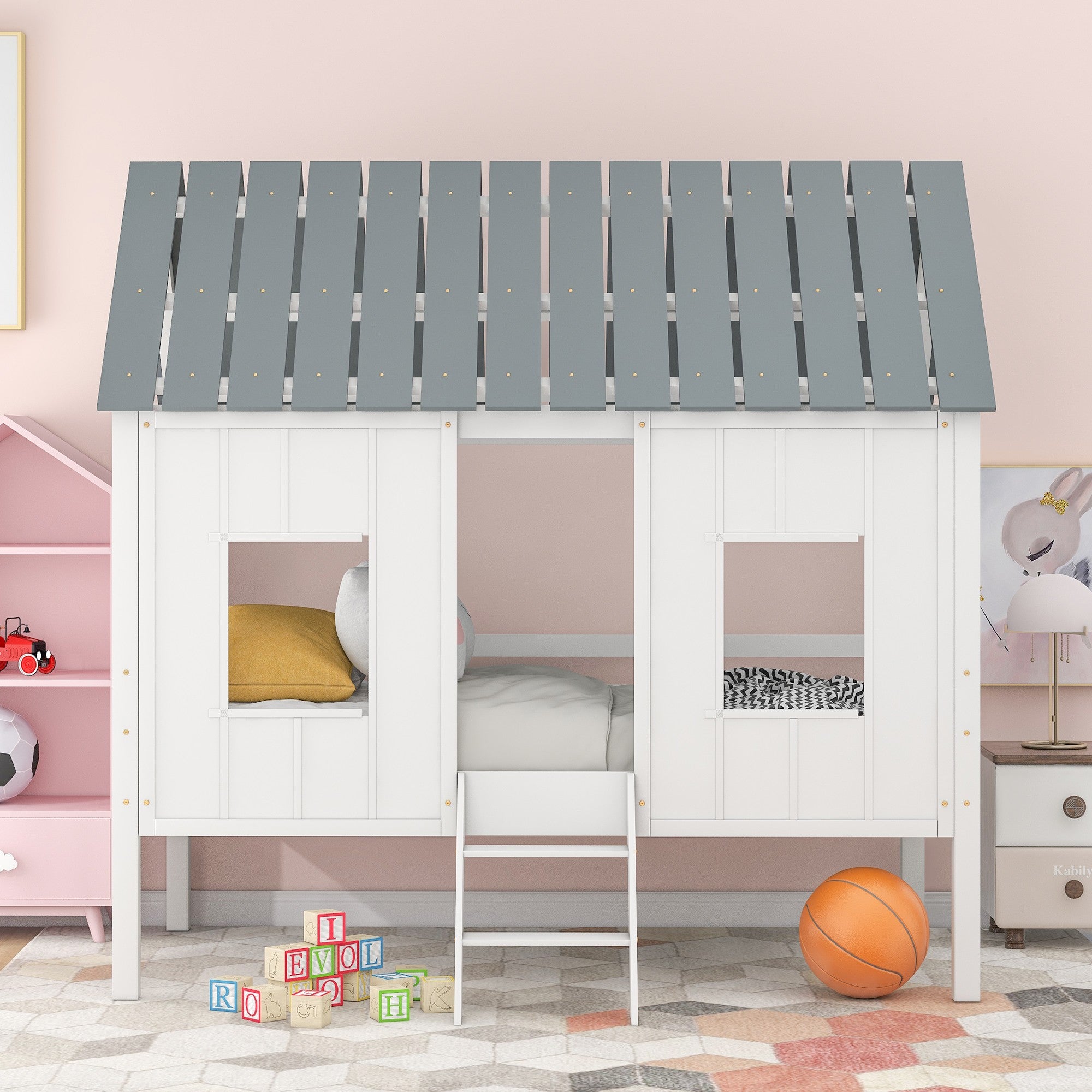Playhouse with Windows and Roof White Twin Size Low Loft Bed - Tuesday Morning-Loft Beds