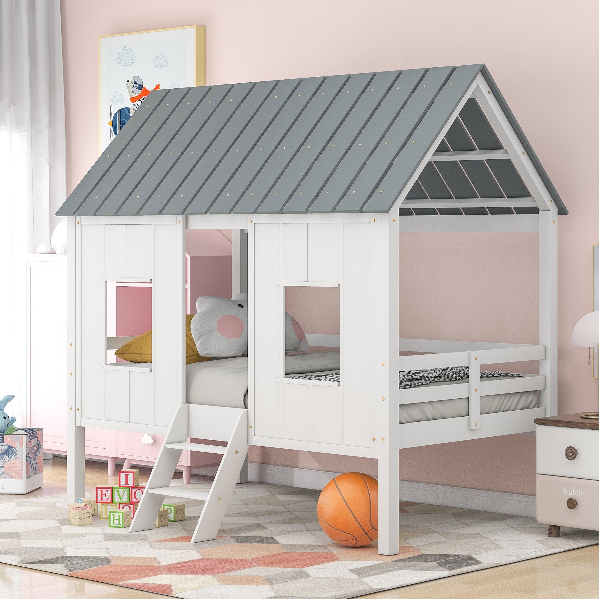 Playhouse-with-Windows-and-Roof-White-Twin-Size-Low-Loft-Bed-Beds-&-Bed-Frames