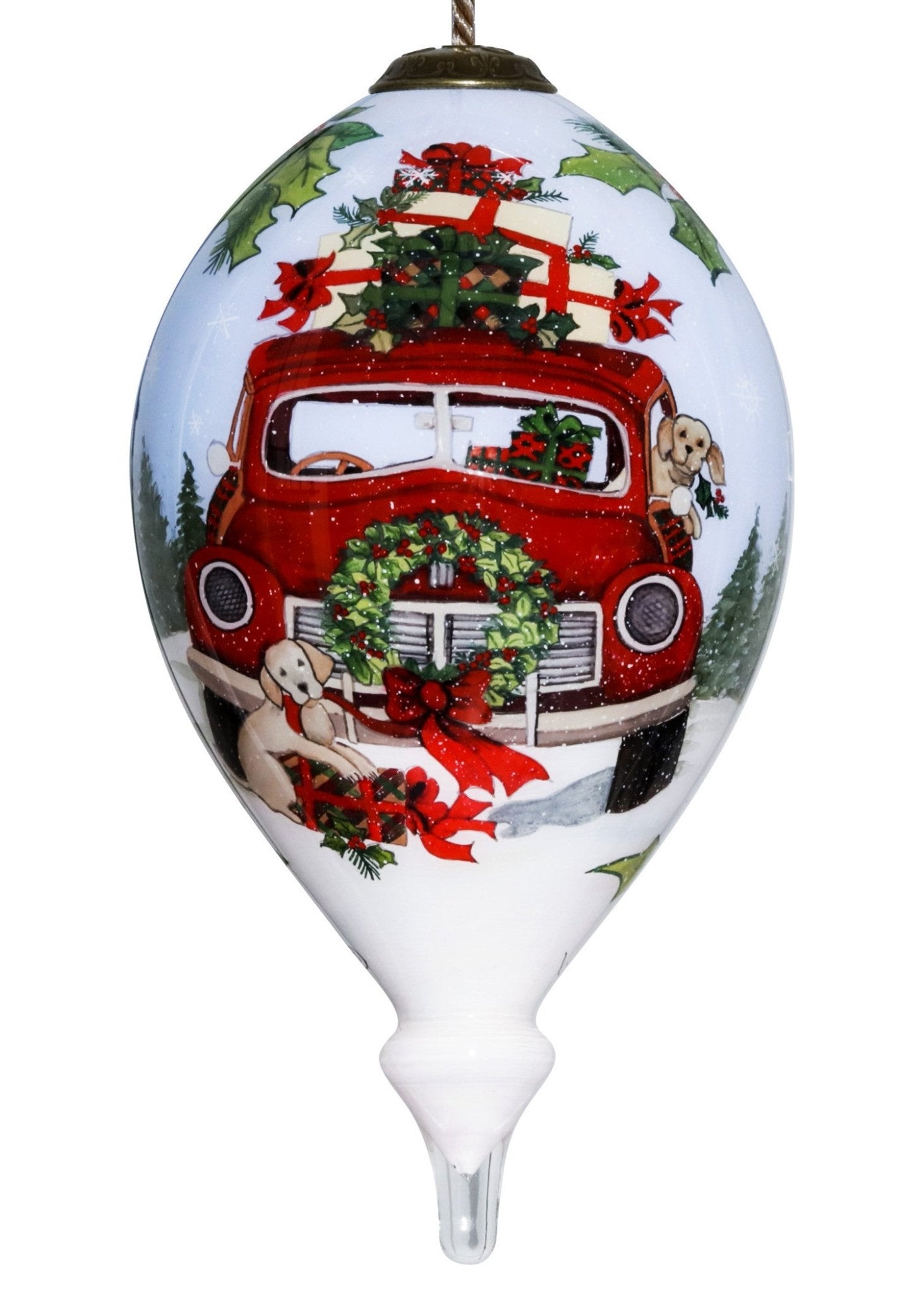 Puppy and Red Truck Christmas Wreath Hand Painted Mouth Blown Glass Ornament - Tuesday Morning-Christmas Ornaments