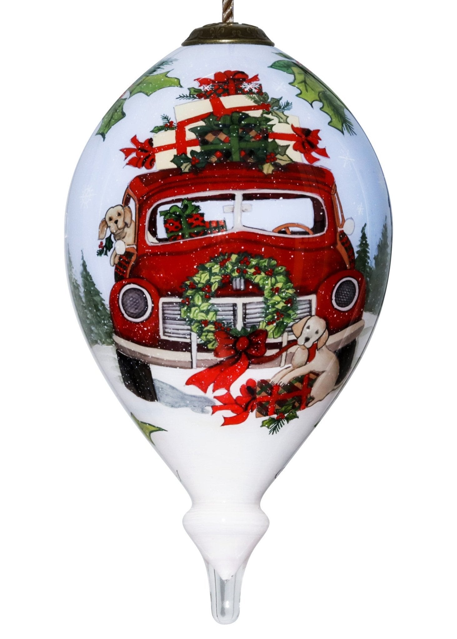 Puppy-and-Red-Truck-Christmas-Wreath-Hand-Painted-Mouth-Blown-Glass-Ornament-Christmas-Ornaments