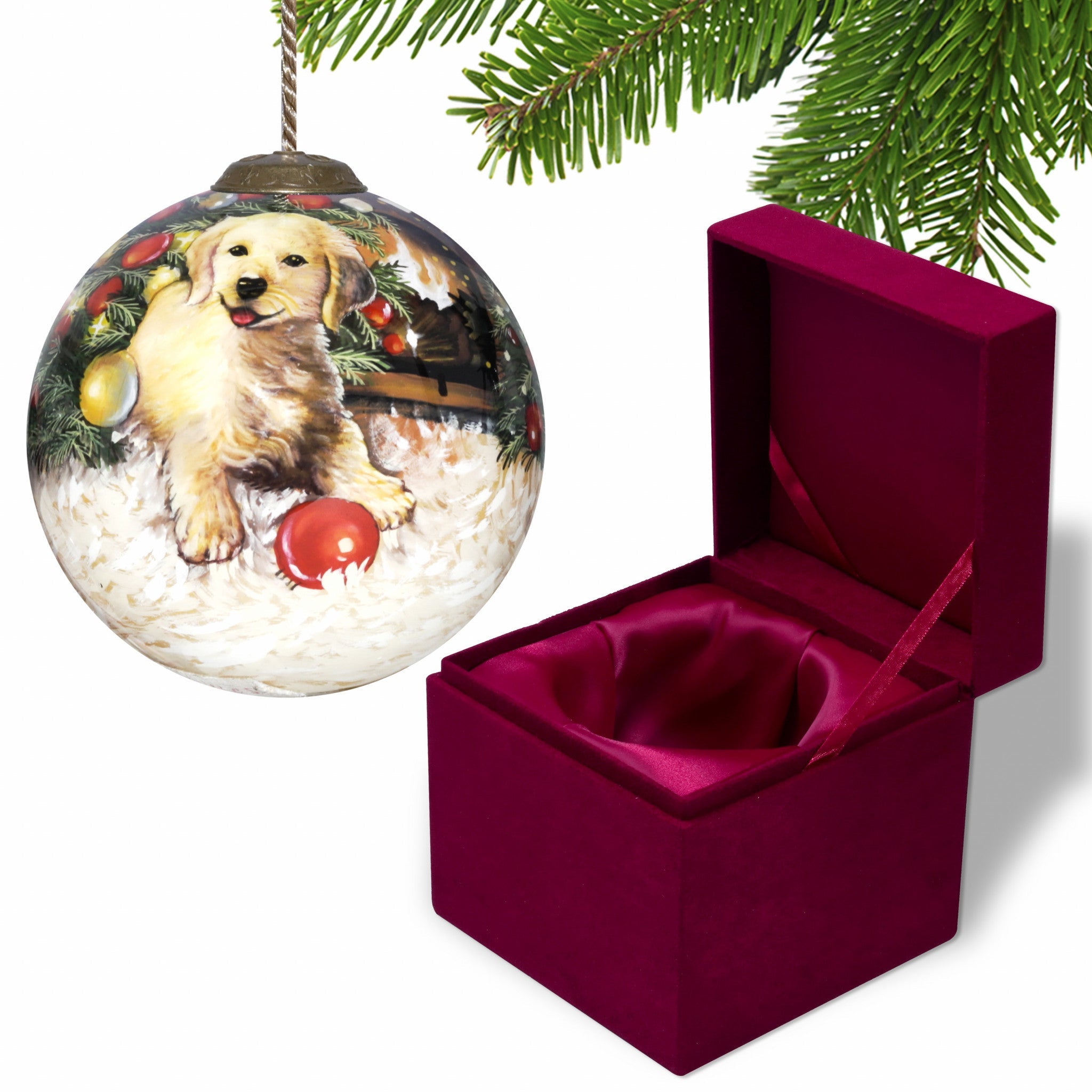 Puppy under the Christmas Tree Hand Painted Mouth Blown Glass Ornament - Tuesday Morning-Christmas Ornaments