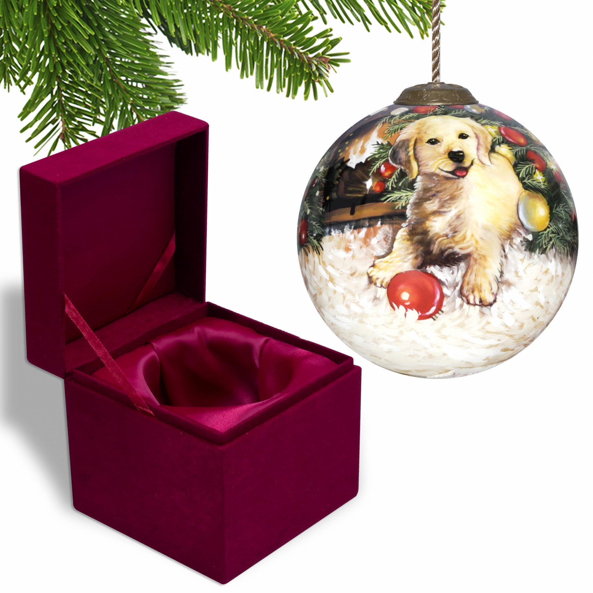 Puppy-under-the-Christmas-Tree-Hand-Painted-Mouth-Blown-Glass-Ornament-Christmas-Ornaments