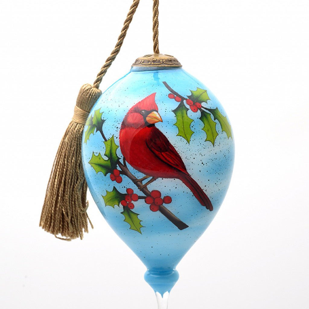 Red Cardinal on Christmas Holly Branches Hand Painted Mouth Blown Glass Ornament - Tuesday Morning-Christmas Ornaments