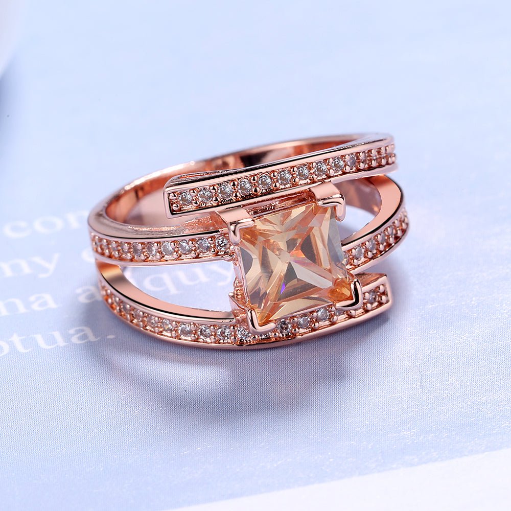 Rose Gold Over Sterling Silver Champagne Cubic Zirconia Cocktail Ring - Tuesday Morning-Cocktail Rings