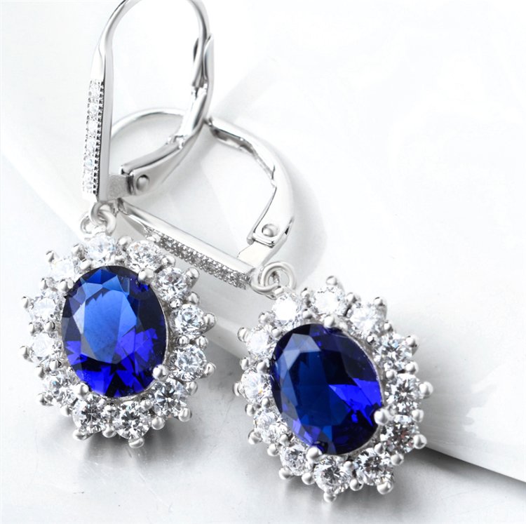 Sapphire Halo Leverback Earrings in 18K White Gold - Tuesday Morning-