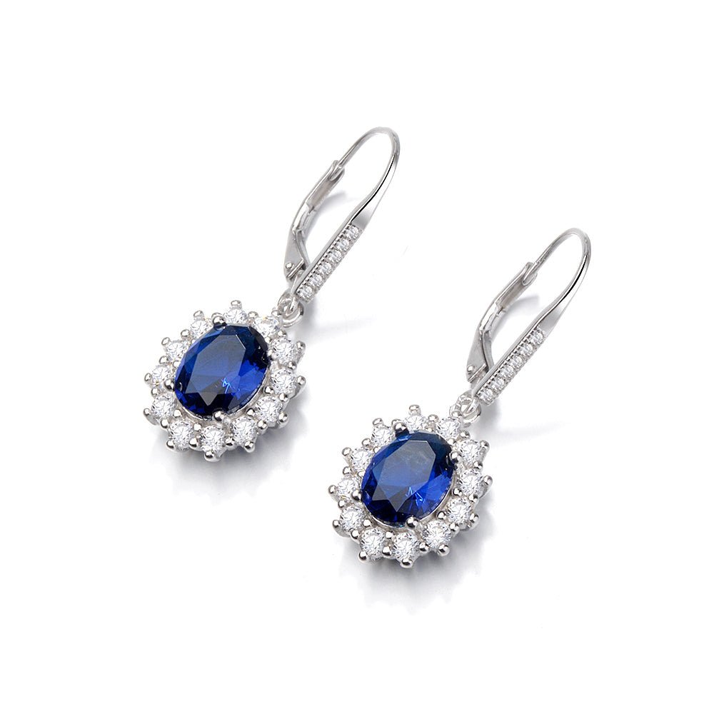 Sapphire Halo Leverback Earrings in 18K White Gold - Tuesday Morning-