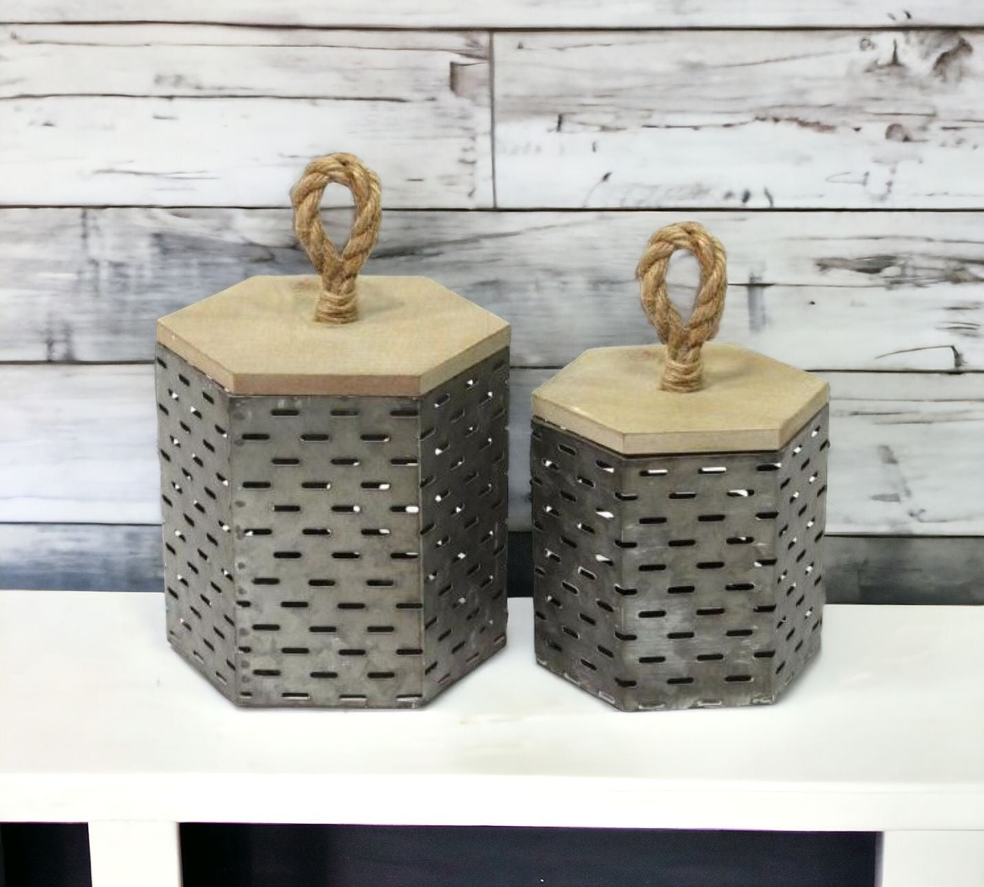 Set Of 2 Rustic Farmhouse Decorative Metal Canisters - Tuesday Morning-Sculptures