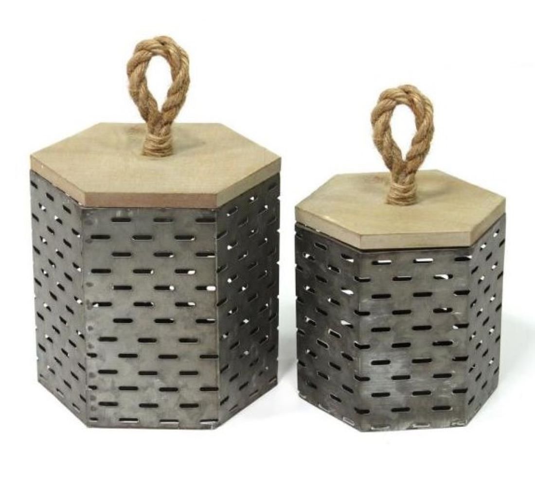 Set Of 2 Rustic Farmhouse Decorative Metal Canisters - Tuesday Morning-Sculptures