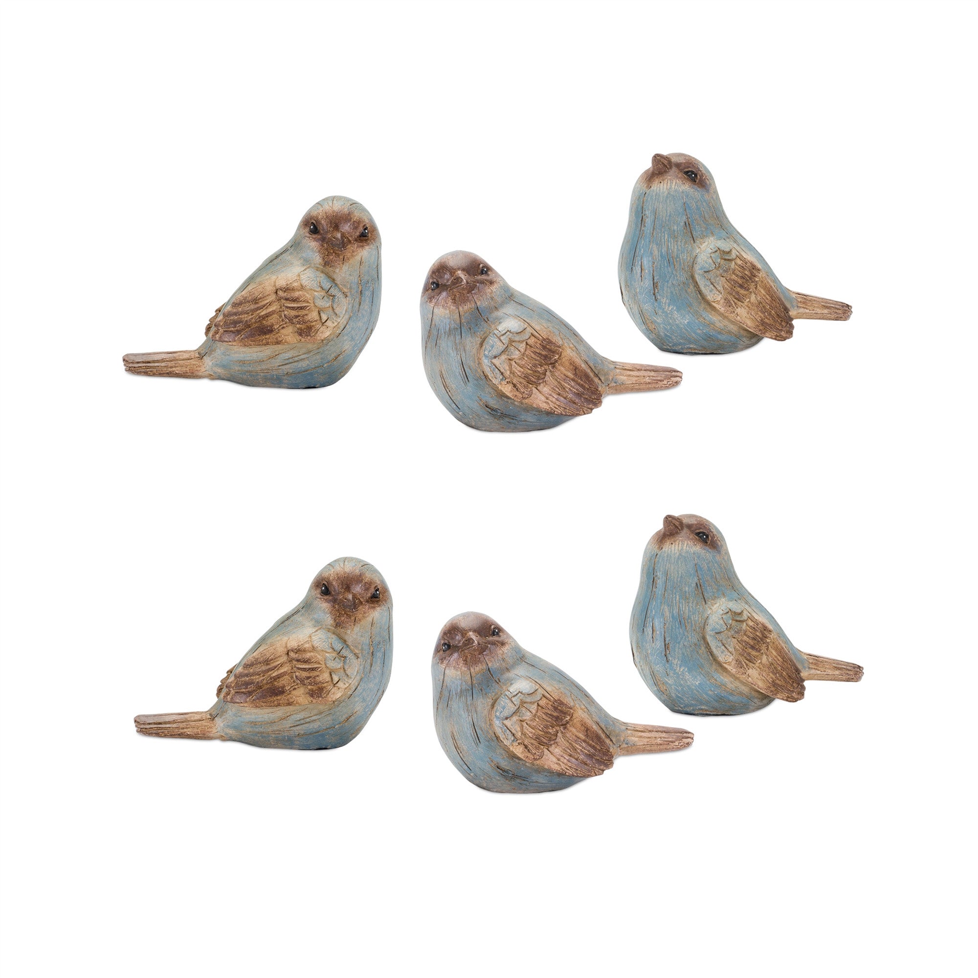 Set Of Six 3" Blue and Brown Polyresin Bird Bird Figurine - Tuesday Morning-Sculptures