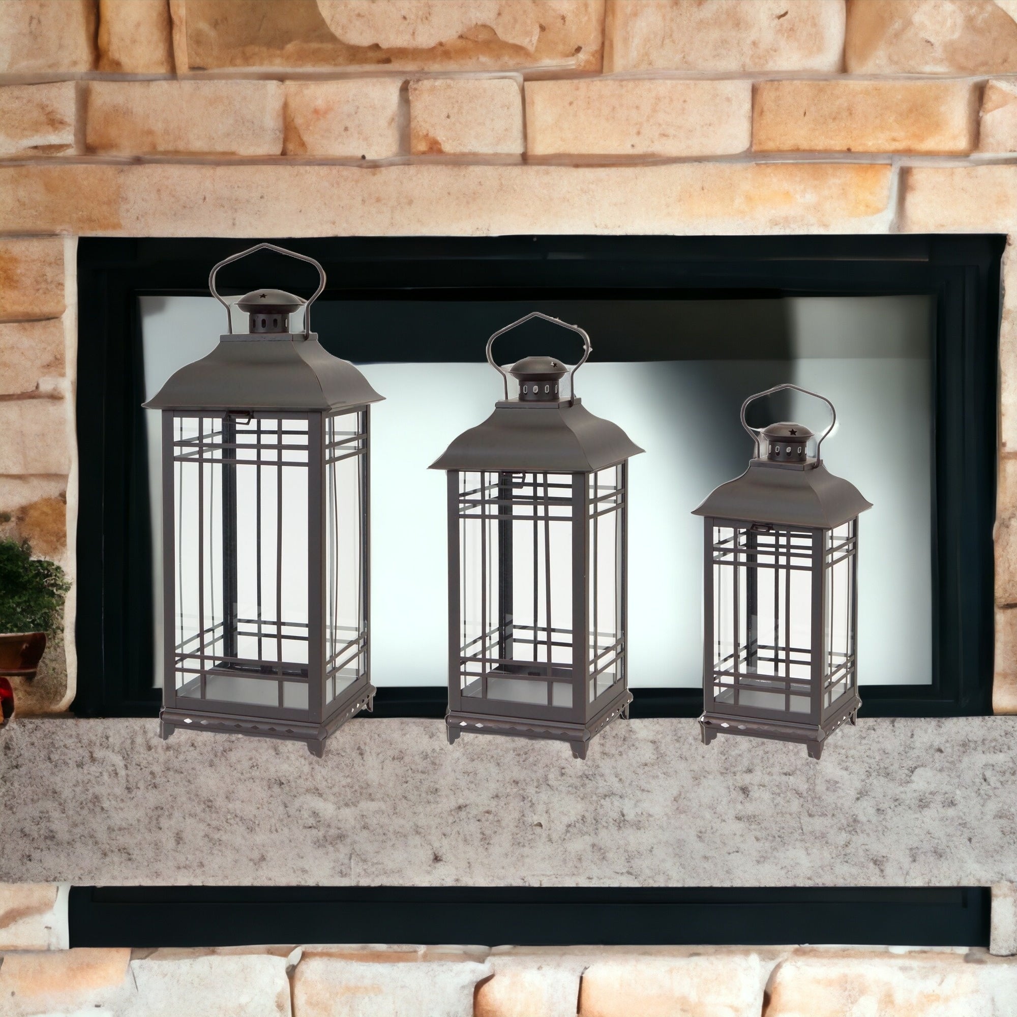Set Of Three Black Flameless Floor Lantern Candle Holder - Tuesday Morning-Candle Holders