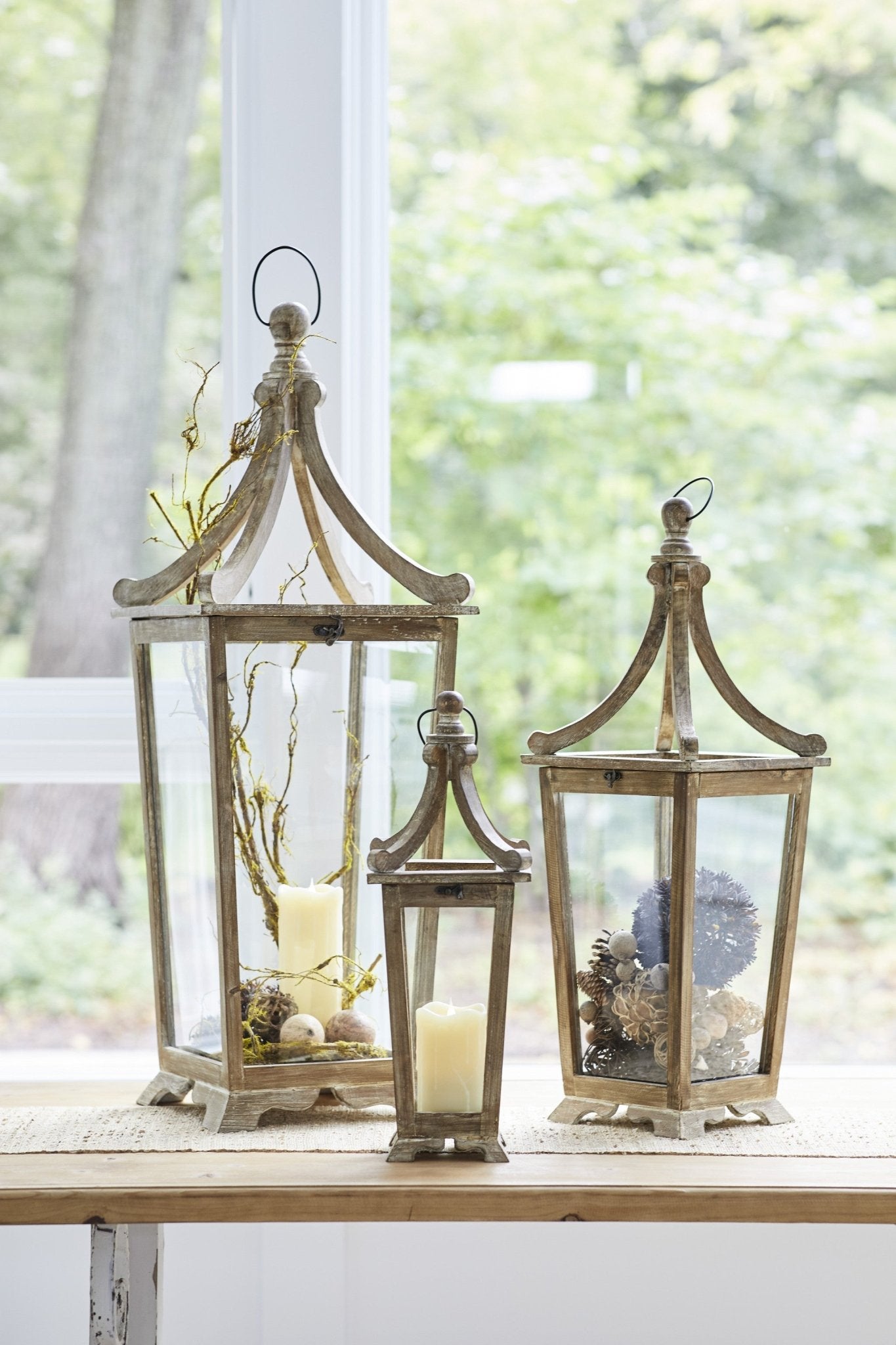 Set Of Three Brown Flameless Floor Lantern Candle Holder - Tuesday Morning-Candle Holders