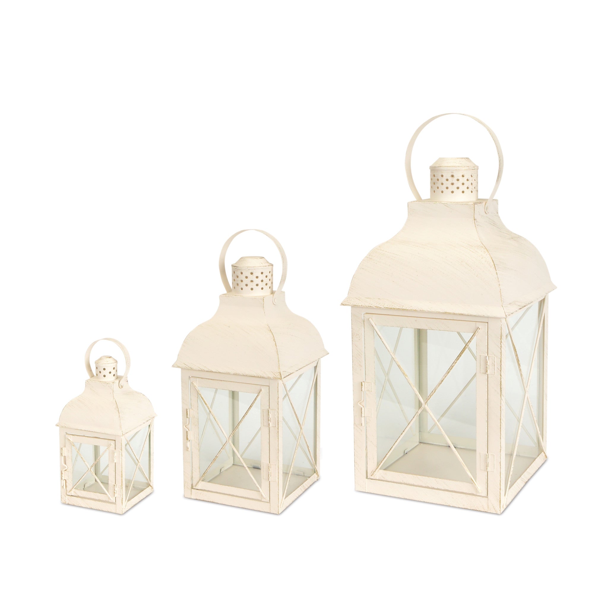 Set Of Three White Flameless Floor Lantern Candle Holder - Tuesday Morning-Candle Holders