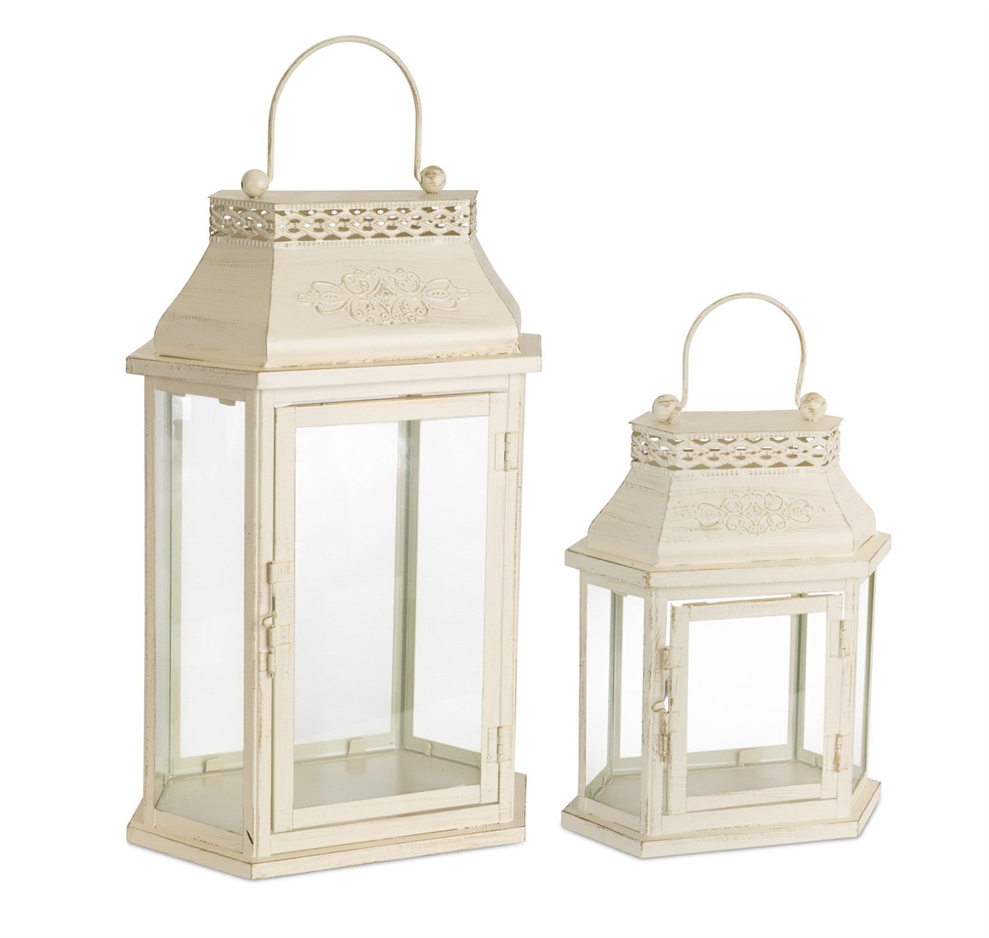 Set-Of-Two-Beige-Flameless-Floor-Lantern-Candle-Holder-Candle-Holders