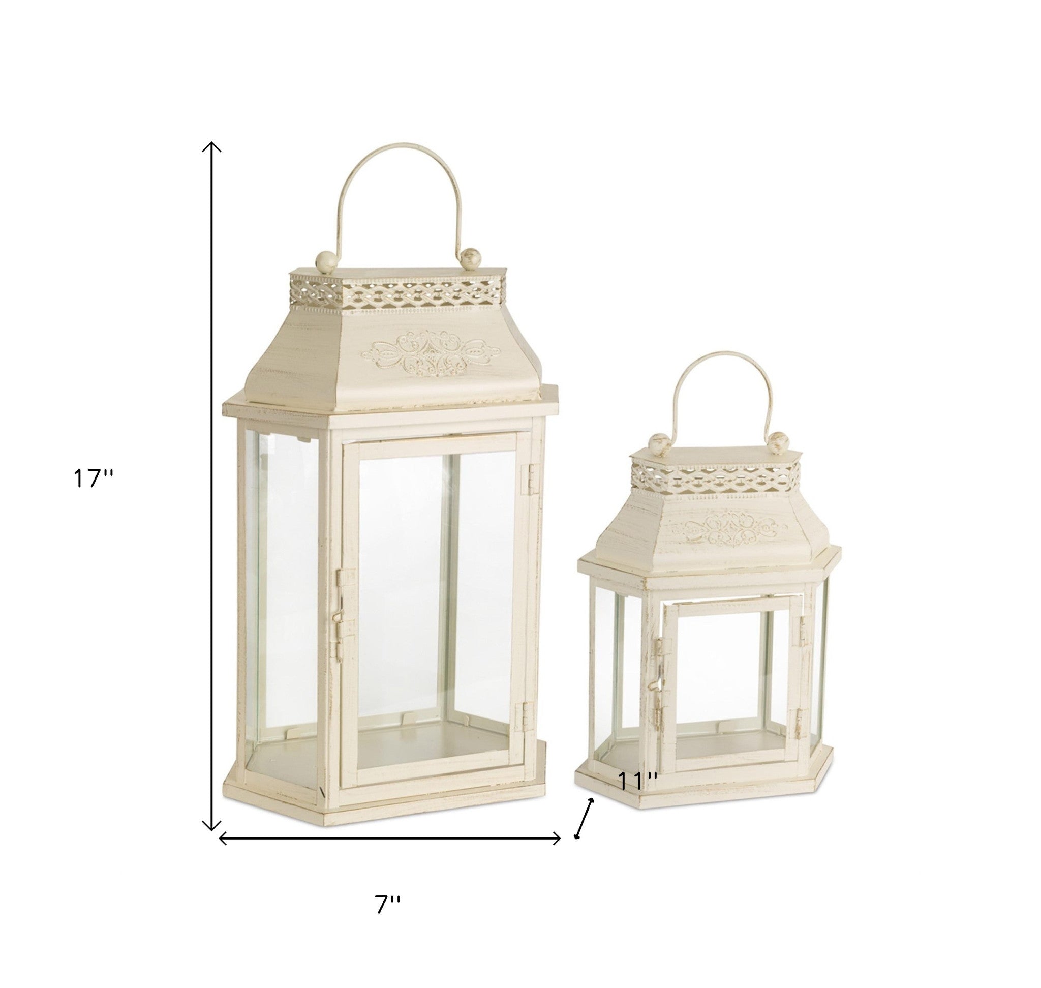 Set Of Two Beige Flameless Floor Lantern Candle Holder - Tuesday Morning-Candle Holders