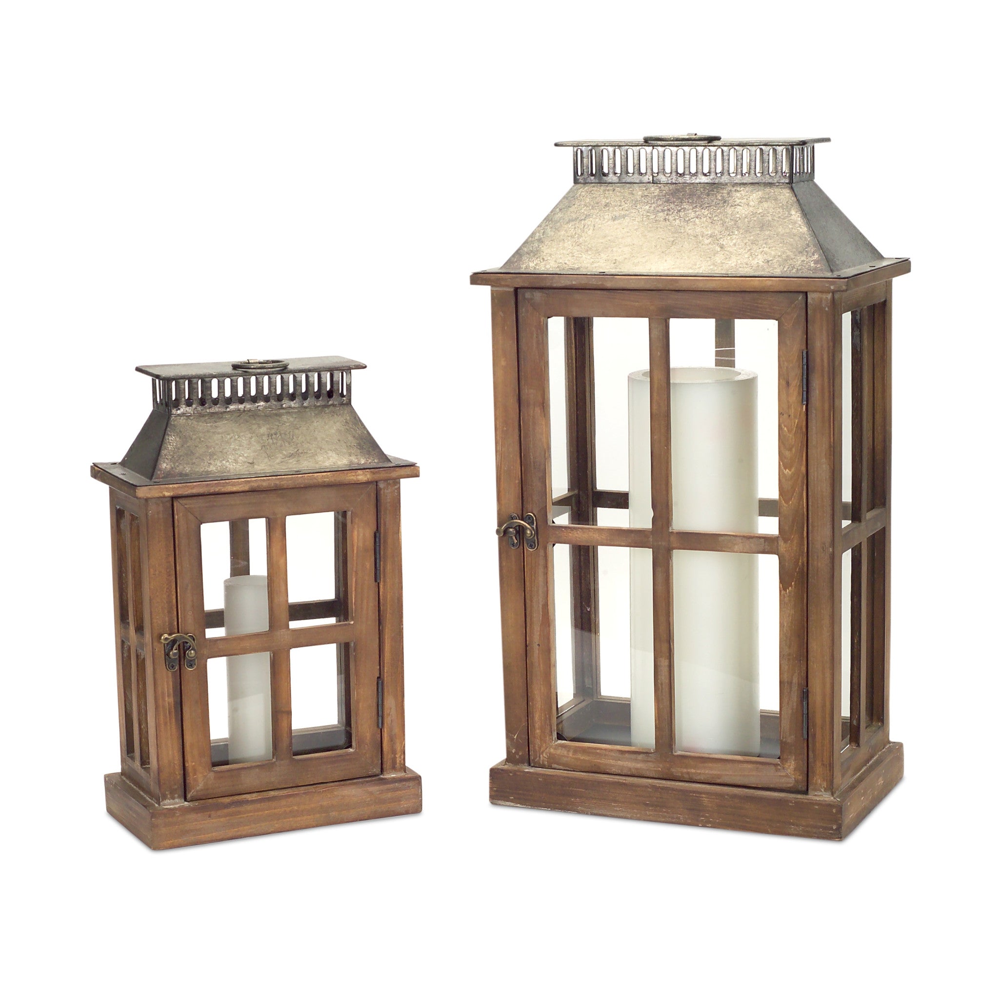 Set Of Two Brown Flameless Floor Lantern Candle Holder - Tuesday Morning-Candle Holders