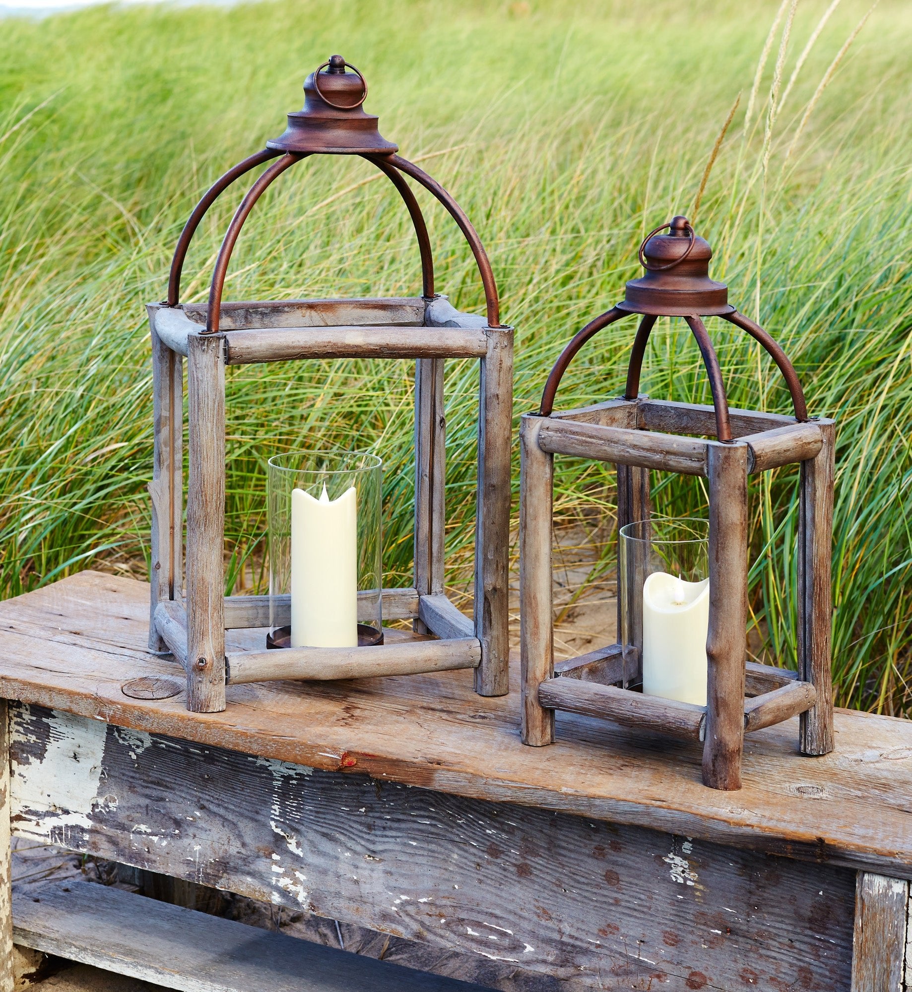 Set Of Two Gray Flameless Floor Lantern Candle Holder - Tuesday Morning-Candle Holders
