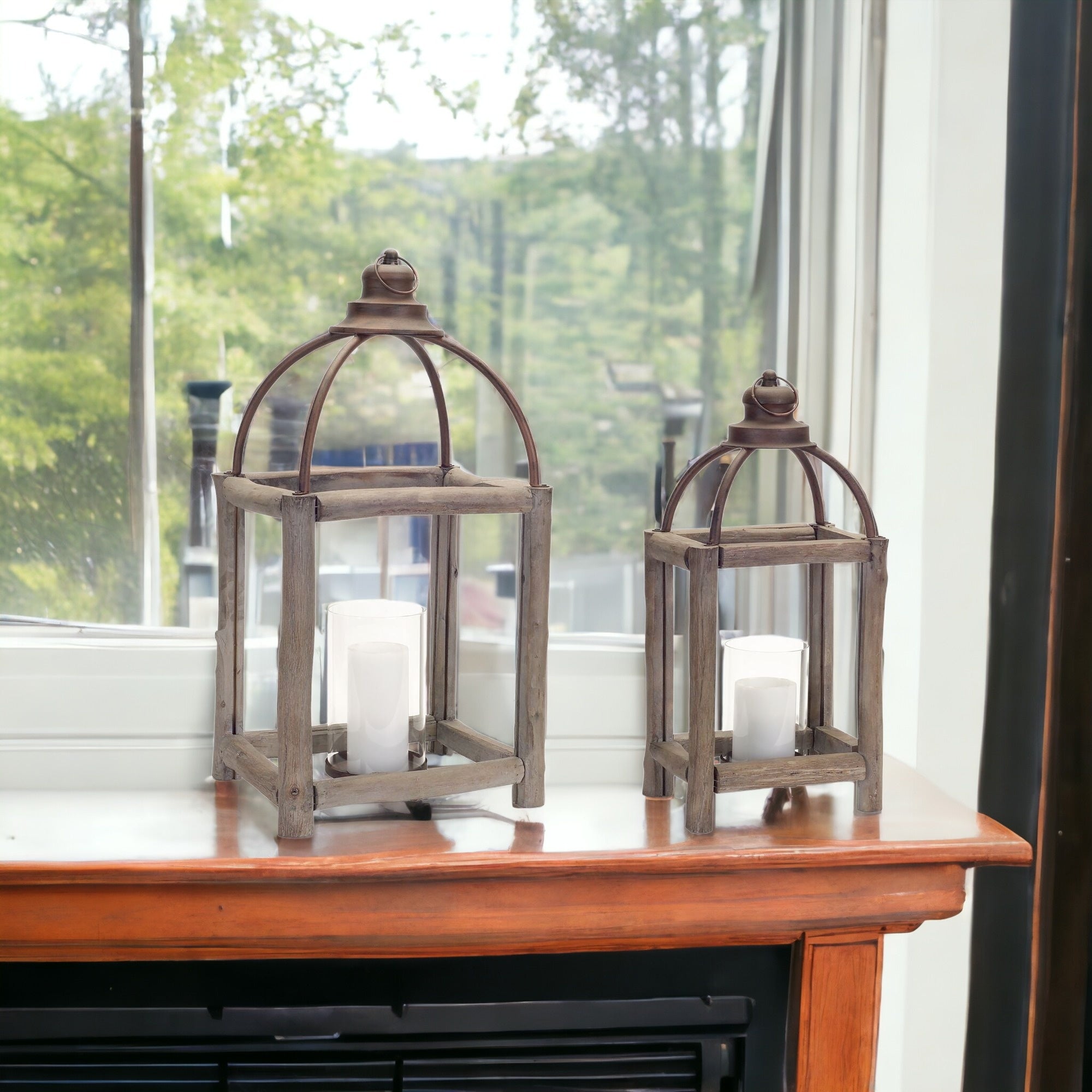 Set Of Two Gray Flameless Floor Lantern Candle Holder - Tuesday Morning-Candle Holders