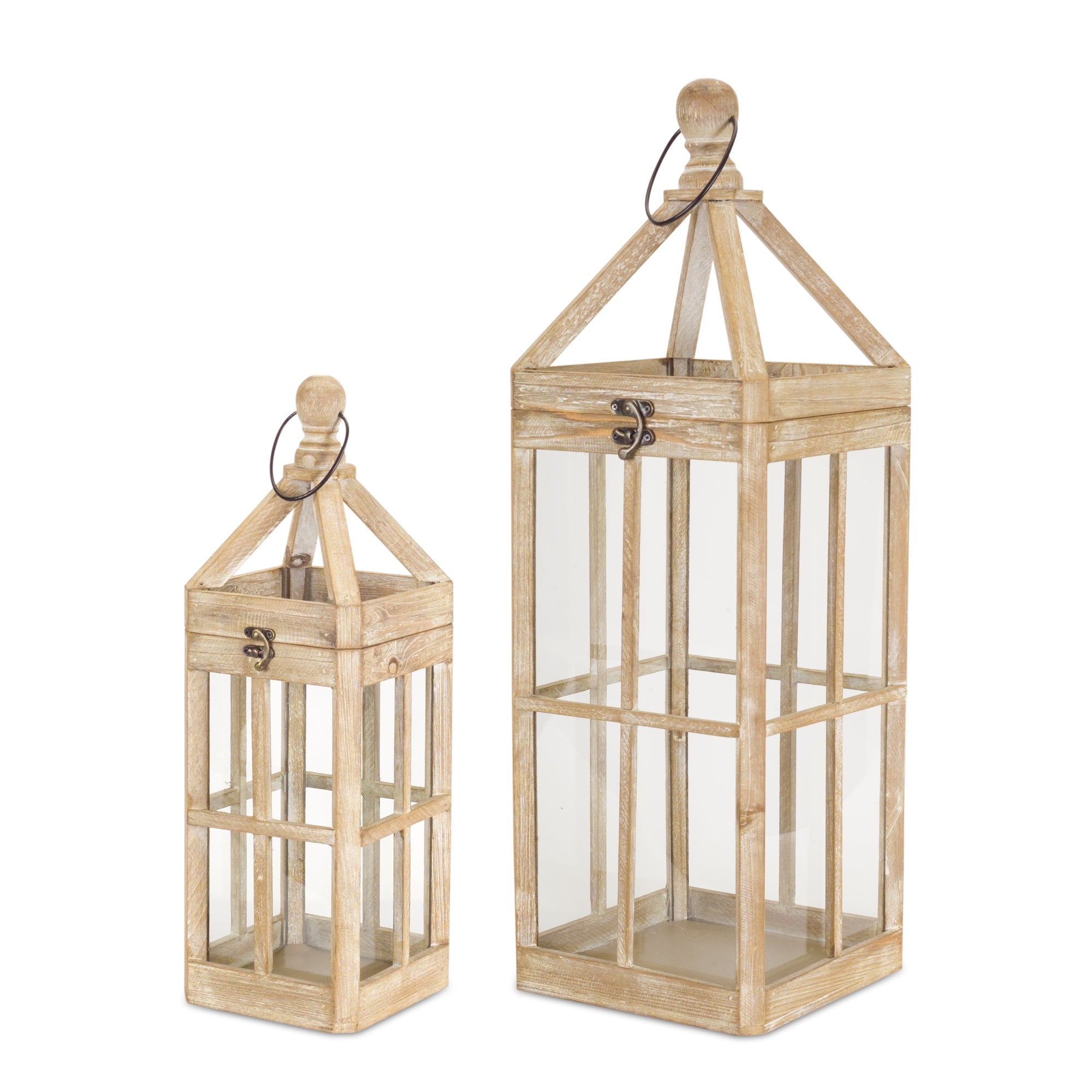 Set-of-Two-Natural-and-Clear-Wood-and-Glass-Floor-Lantern-Candle-Holders-Candle-Holders
