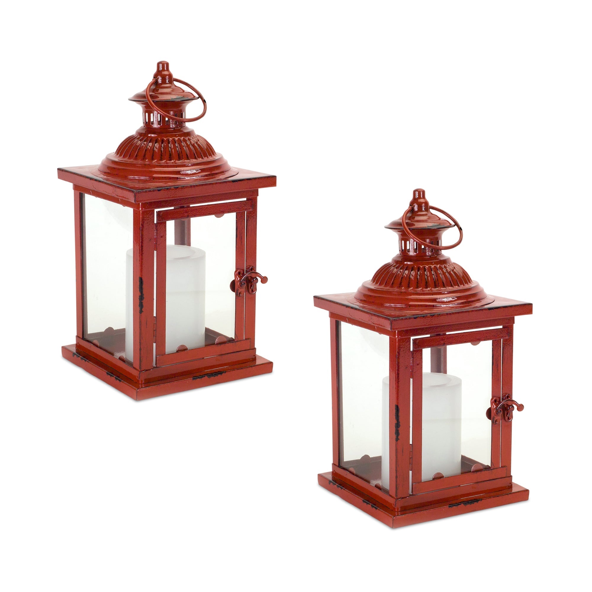 Set Of Two Red Flameless Floor Lantern Candle Holder - Tuesday Morning-Candle Holders