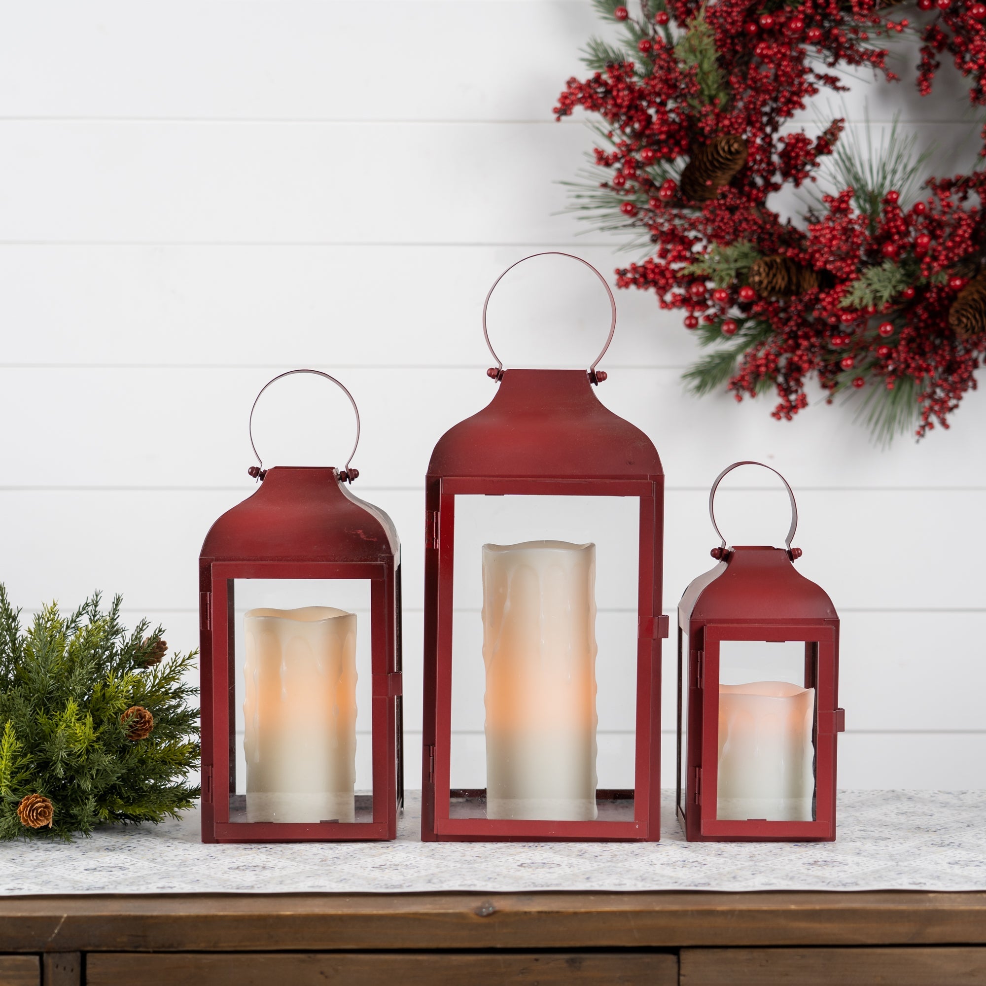 Set Of Two Red Flameless Floor Lantern Candle Holder - Tuesday Morning-Candle Holders