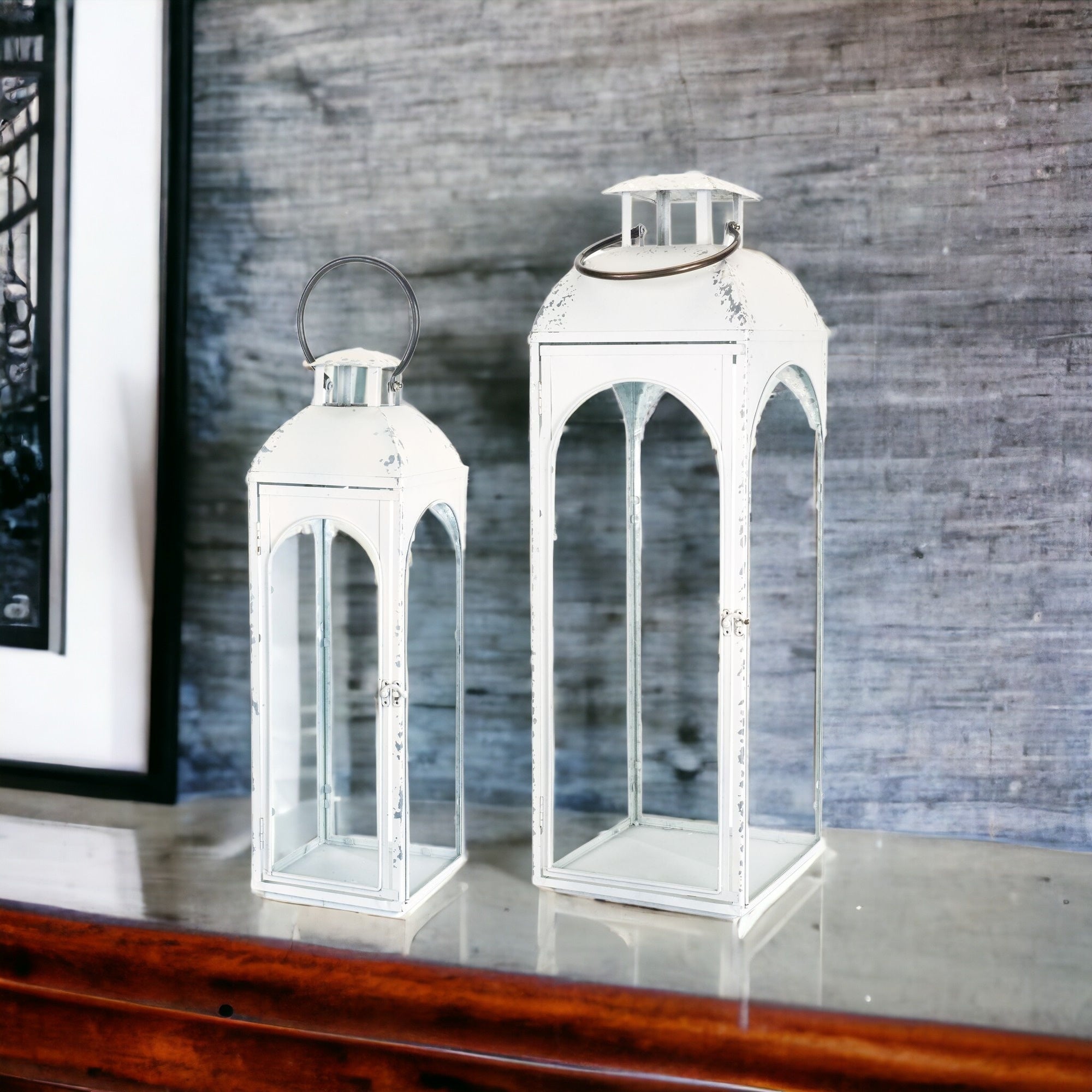 Set Of Two White Flameless Floor Lantern Candle Holder - Tuesday Morning-Candle Holders