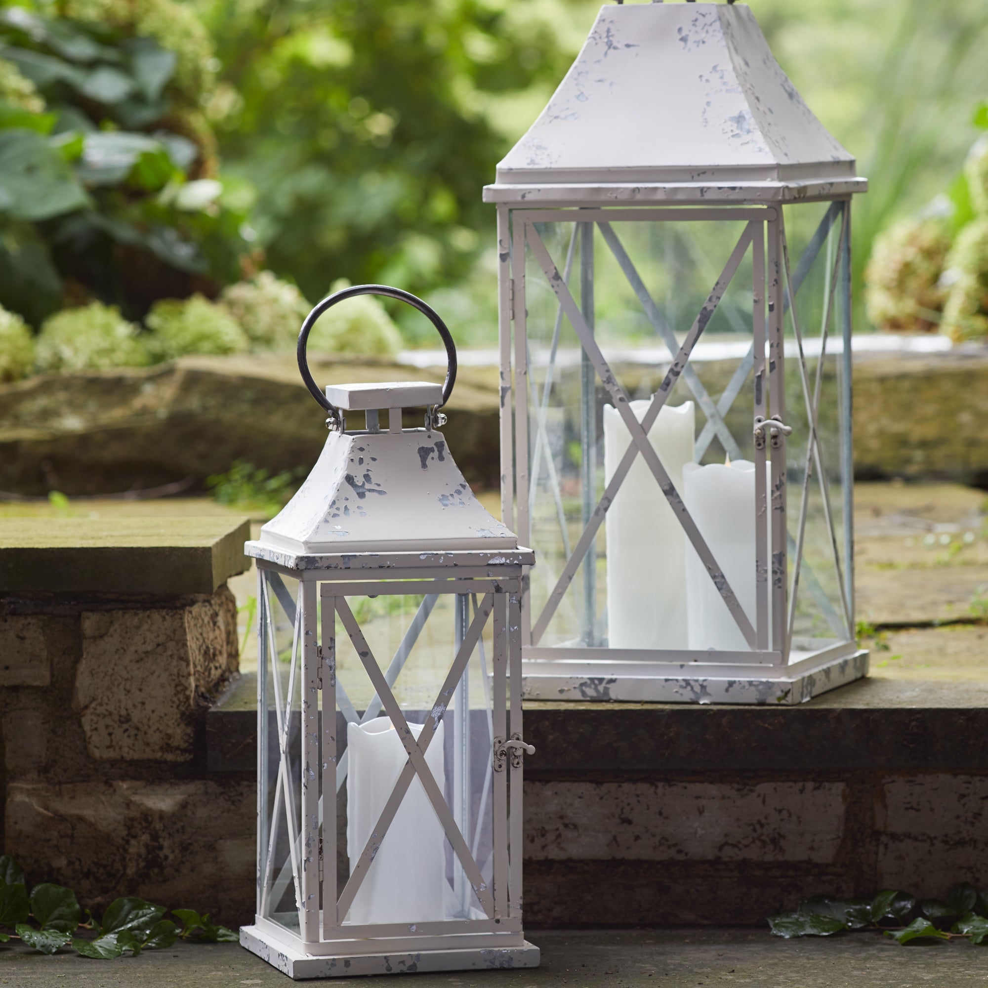Set Of Two White Flameless Floor Lantern Candle Holder - Tuesday Morning-Candle Holders