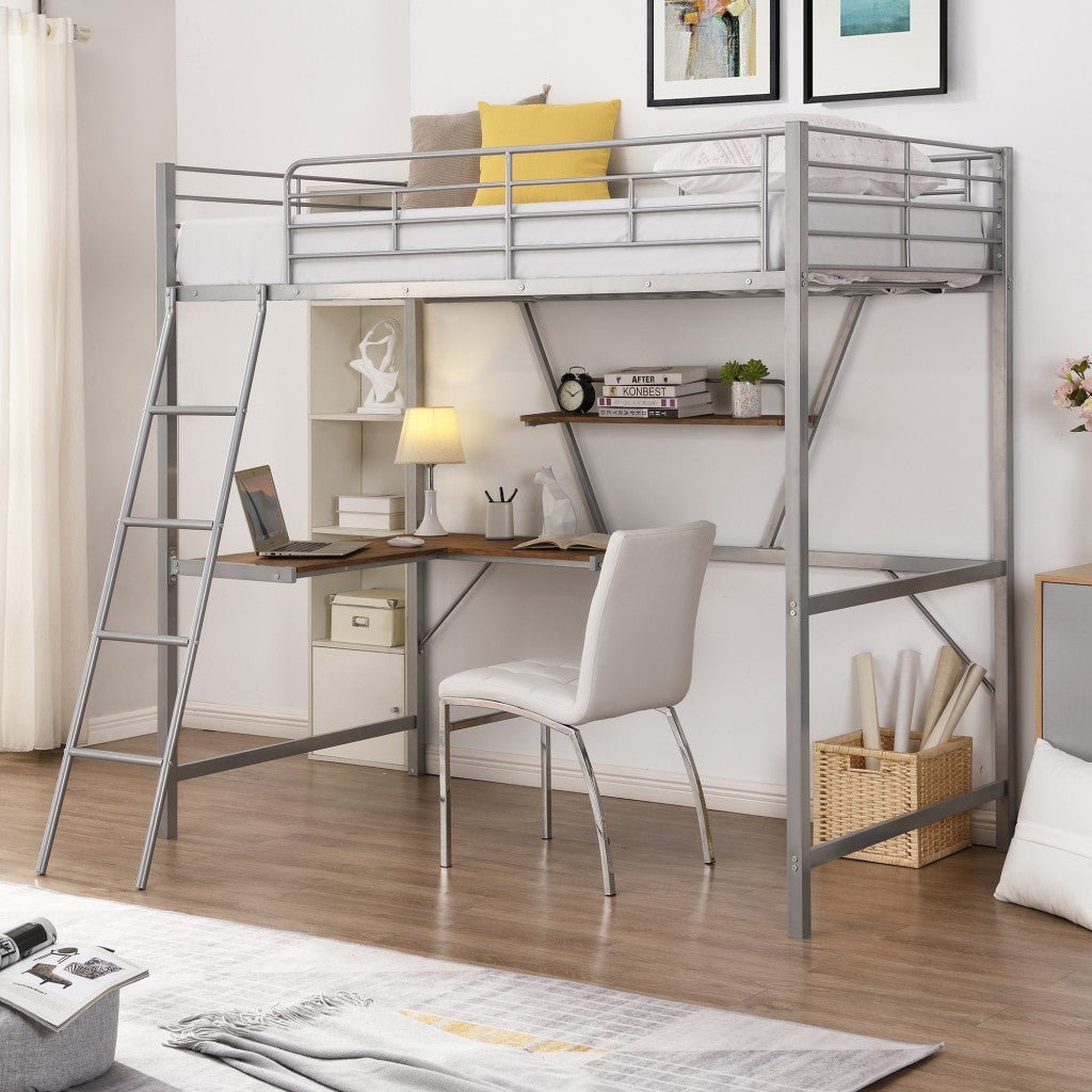 Silver-Metal-Loft-Bed-with-L-Shaped-Desk-and-Shelf-Beds-&-Bed-Frames