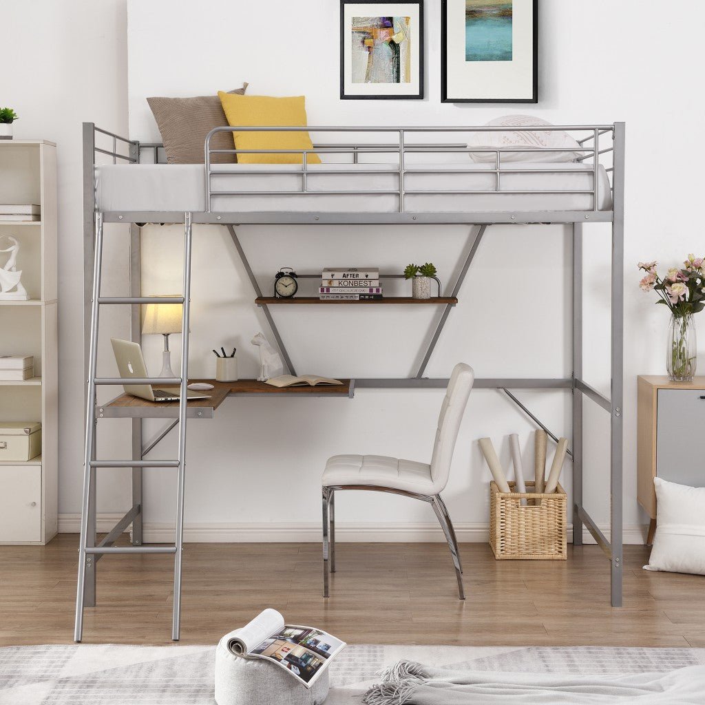 Silver Metal Loft Bed with L Shaped Desk and Shelf - Tuesday Morning-Loft Beds