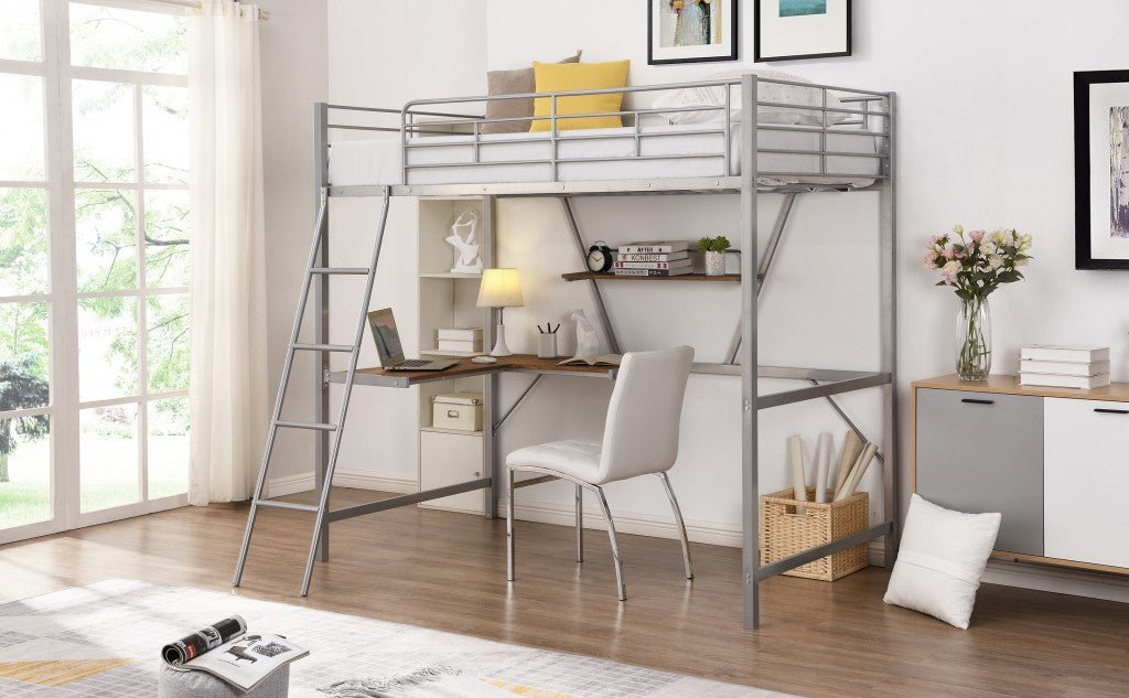 Silver Metal Loft Bed with L Shaped Desk and Shelf - Tuesday Morning-Loft Beds